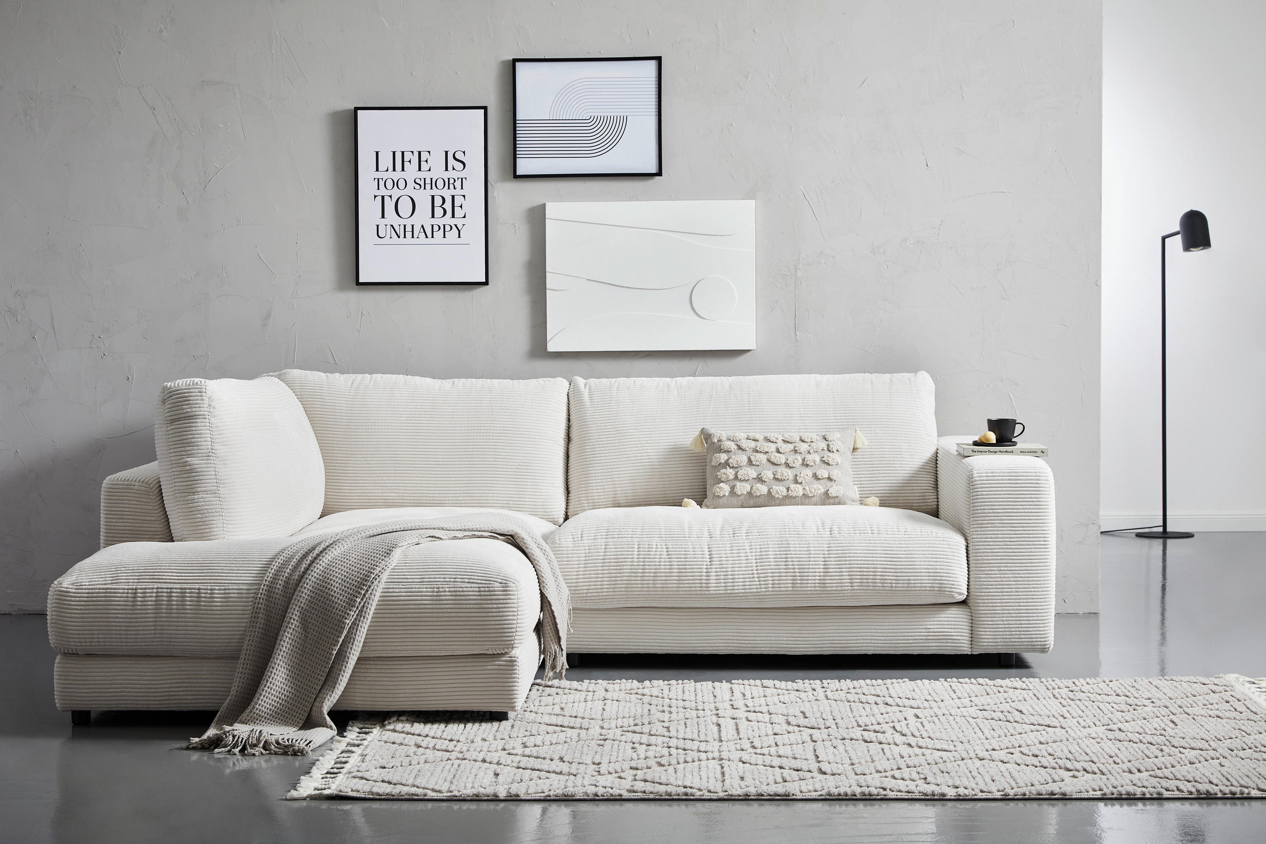 ECKSOFA in Cord Weiss  - Weiss/Schwarz, Design, Kunststoff/Textil (224/265cm) - Hom`in