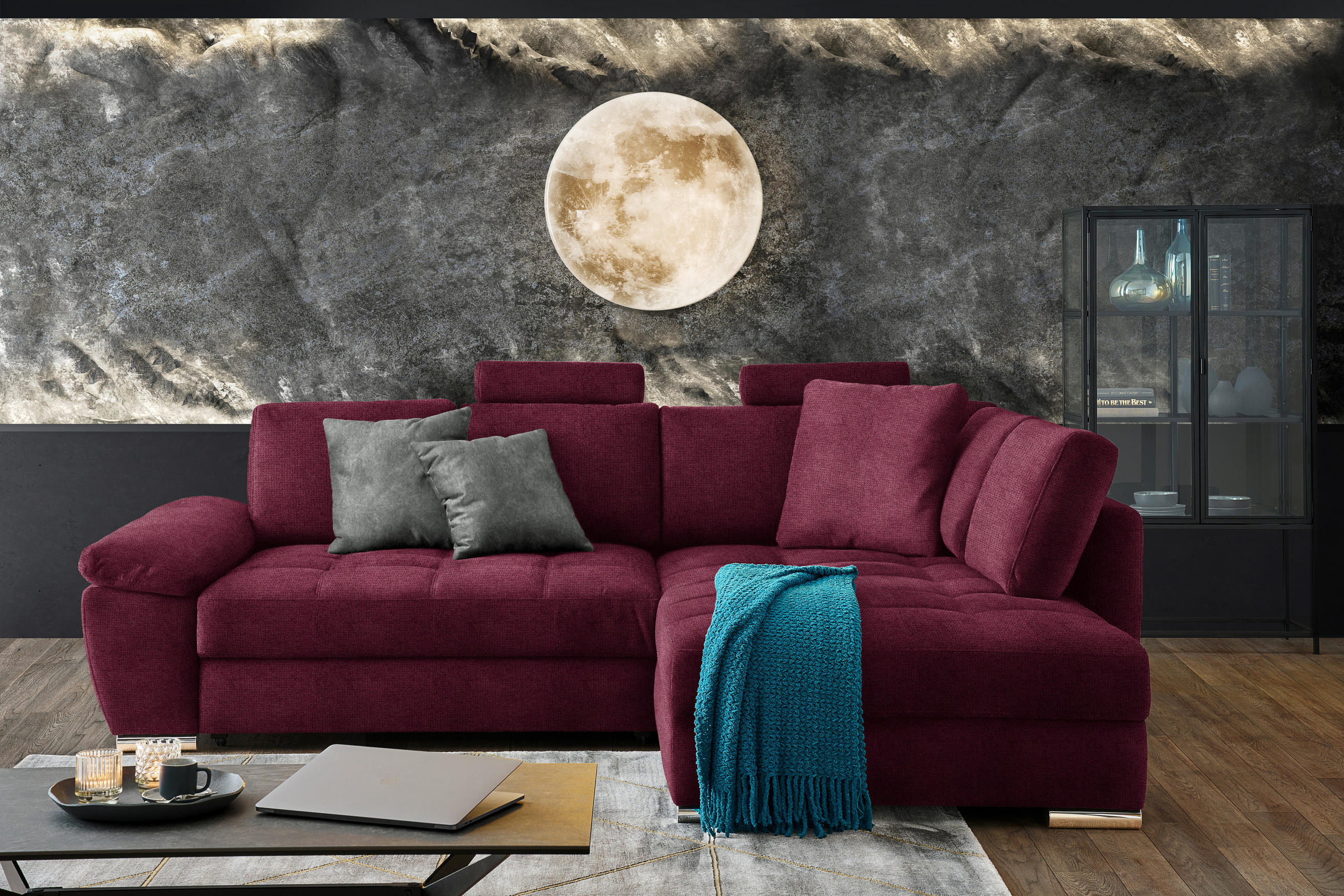 ECKSOFA in Webstoff Dunkelrot  276/212 cm  - Chromfarben/Grau, Design, Kunststoff/Textil (276/212cm) - Carryhome
