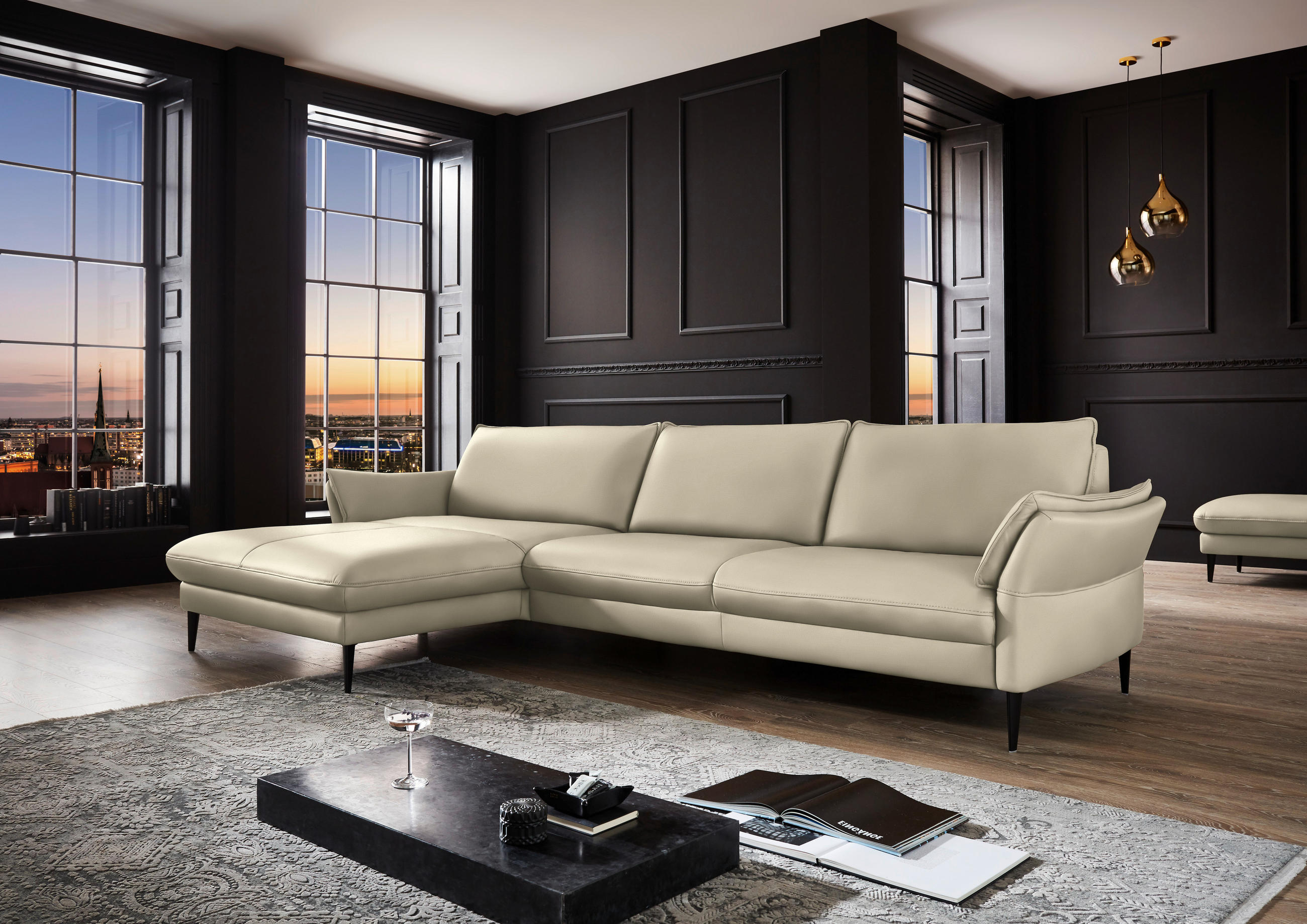 ECKSOFA inkl. Funktion Creme Echtleder  - Creme/Schwarz, Design, Leder/Metall (172/334cm) - Hukla