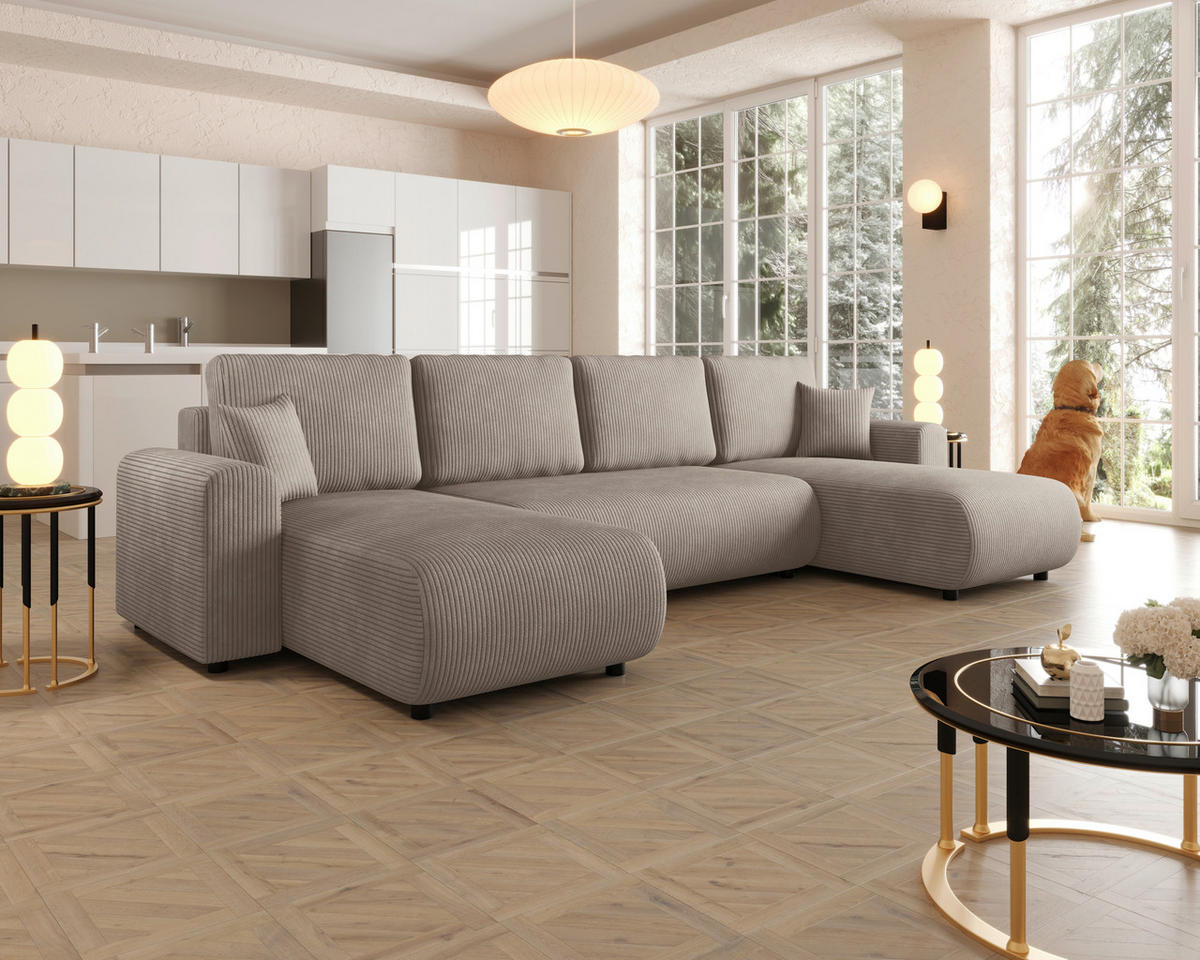 WOHNLANDSCHAFT Hellbraun Cord  - Hellbraun/Schwarz, KONVENTIONELL, Textil (152/318/152cm) - Xora