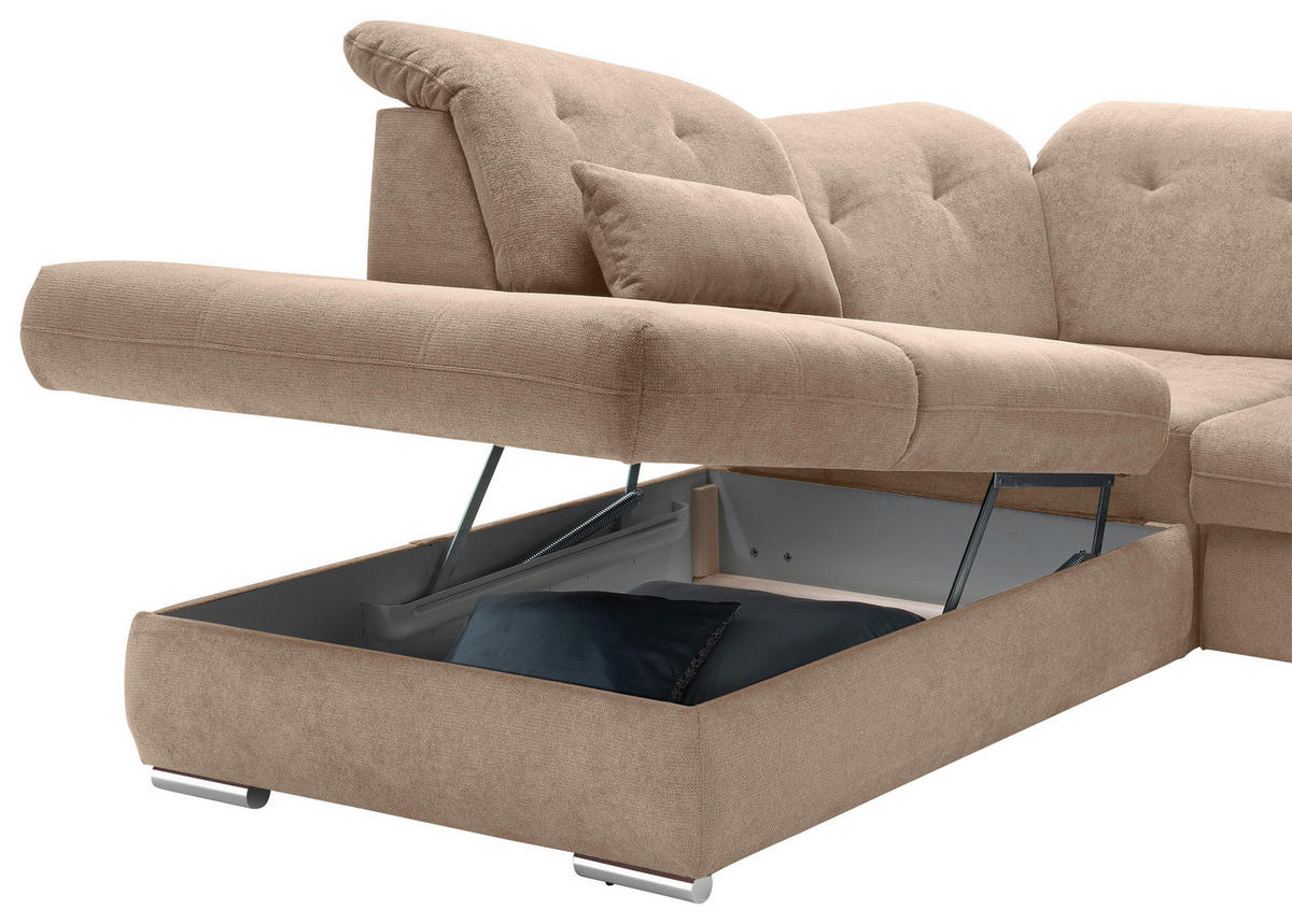 WOHNLANDSCHAFT in Chenille Hellbraun  - Chromfarben/Hellbraun, MODERN, Textil/Metall (254/376/195cm) - Livetastic