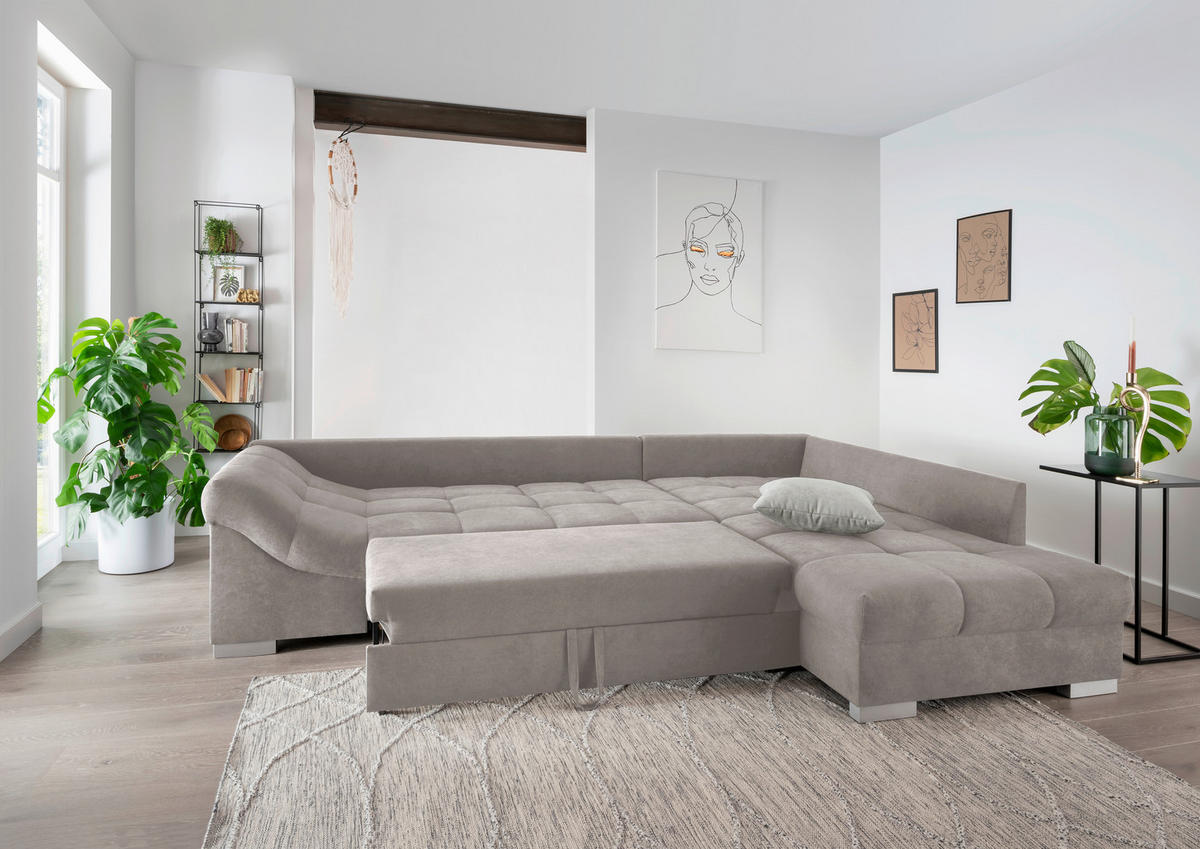 ECKSCHLAFSOFA in Taupe Textil   - Taupe/Silberfarben, Design, Holz/Textil (298/202cm) - MID.YOU