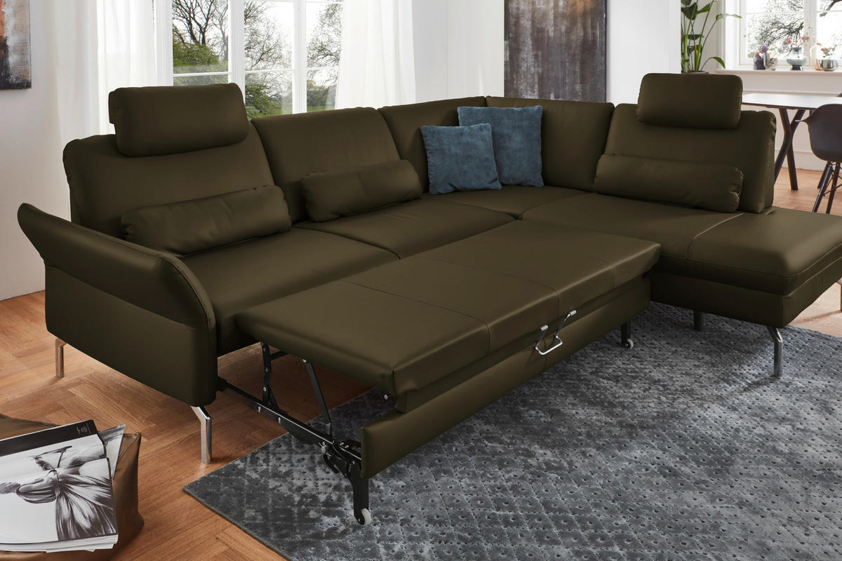ECKSOFA in Echtleder Dunkelgrün  - Dunkelgrün/Alufarben, Konventionell, Leder/Metall (284/220cm) - Beldomo Premium