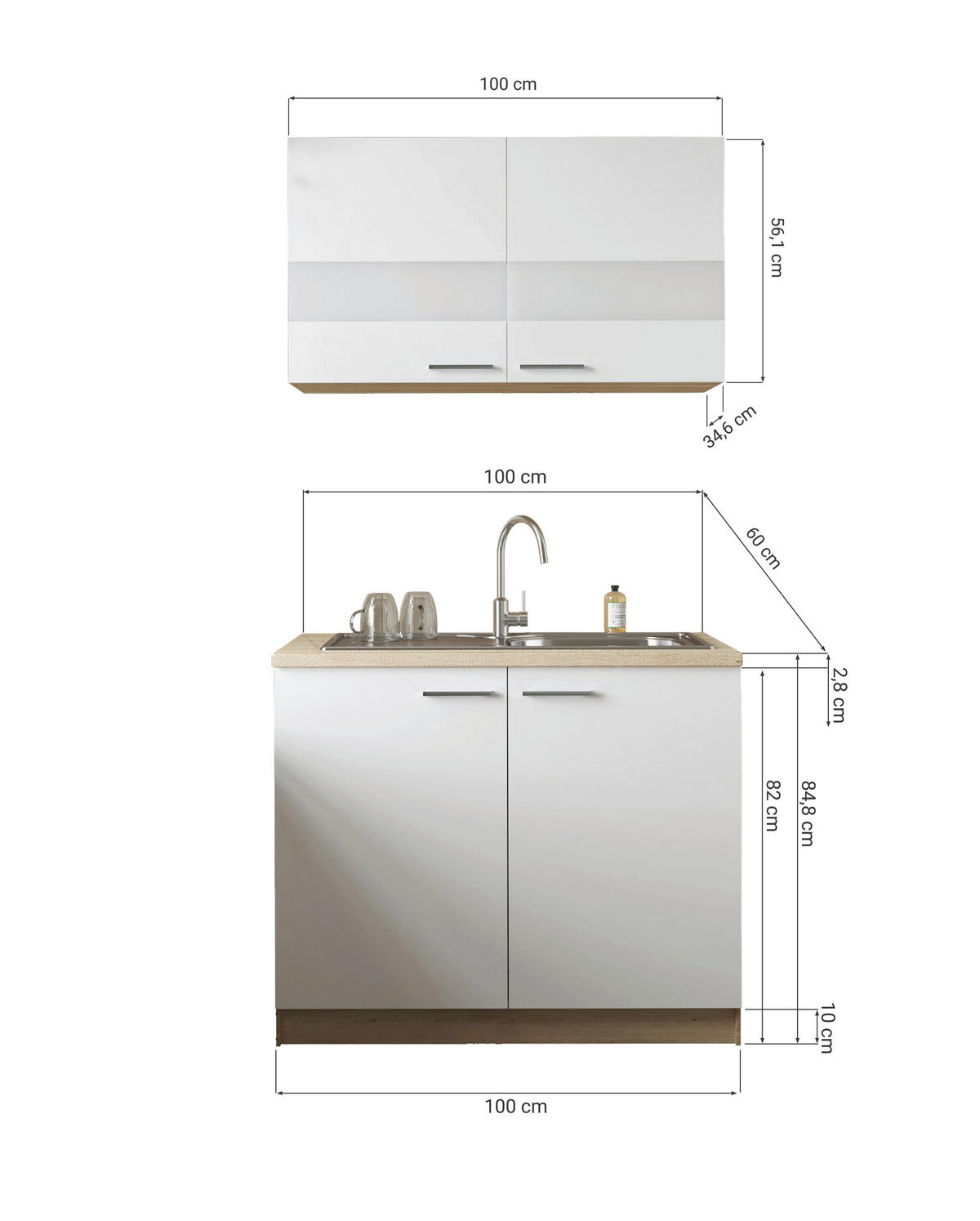 MINIKÜCHE 100 cm   in Grau, Eichefarben  - Eichefarben/Silberfarben, Basics, Glas/Holzwerkstoff (100cm) - Respekta