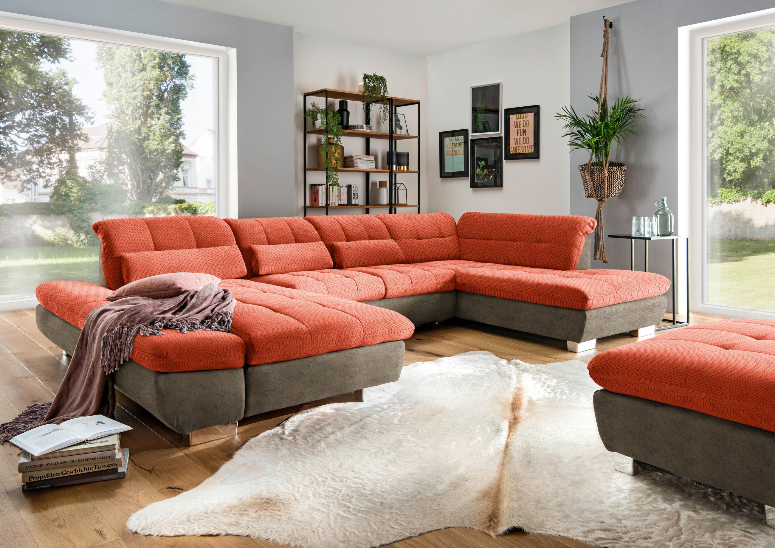 WOHNLANDSCHAFT in Mikrofaser Orange  - Chromfarben/Orange, Design, Kunststoff/Textil (204/350/211cm) - Xora