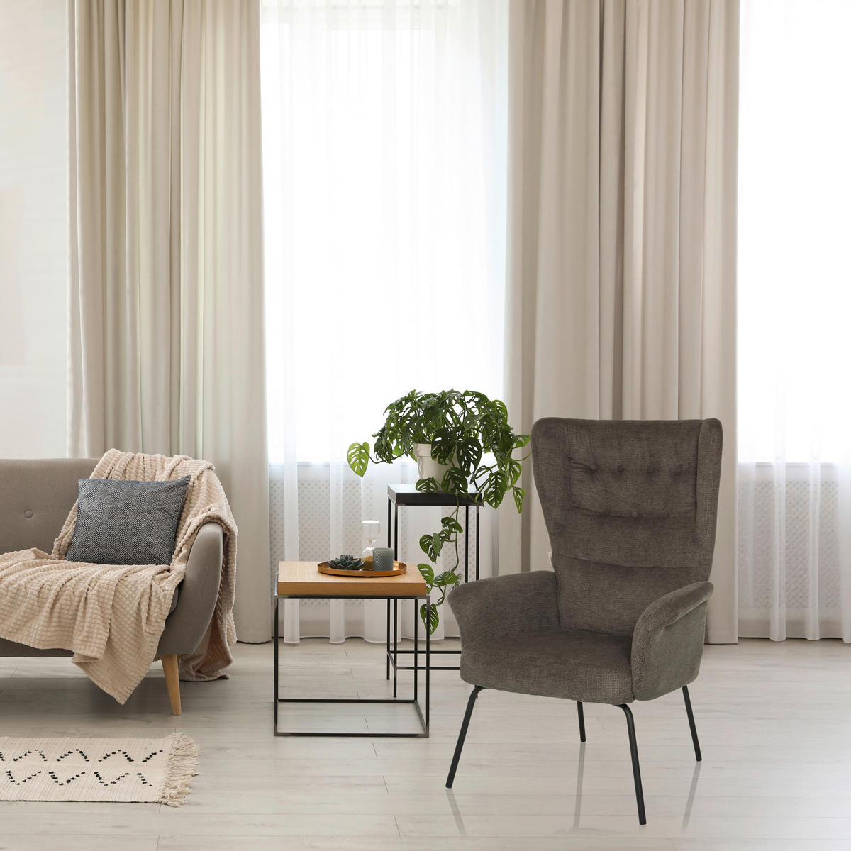 OHRENSESSEL in Bouclé Dunkelgrau  - Dunkelgrau/Schwarz, MODERN, Textil/Metall (71/110/71cm) - MID.YOU