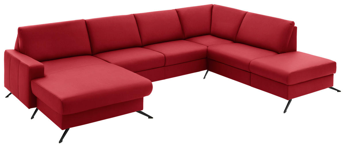 WOHNLANDSCHAFT in Echtleder Rot  - Rot/Schwarz, Design, Leder/Metall (165/339/233cm) - Beldomo Premium