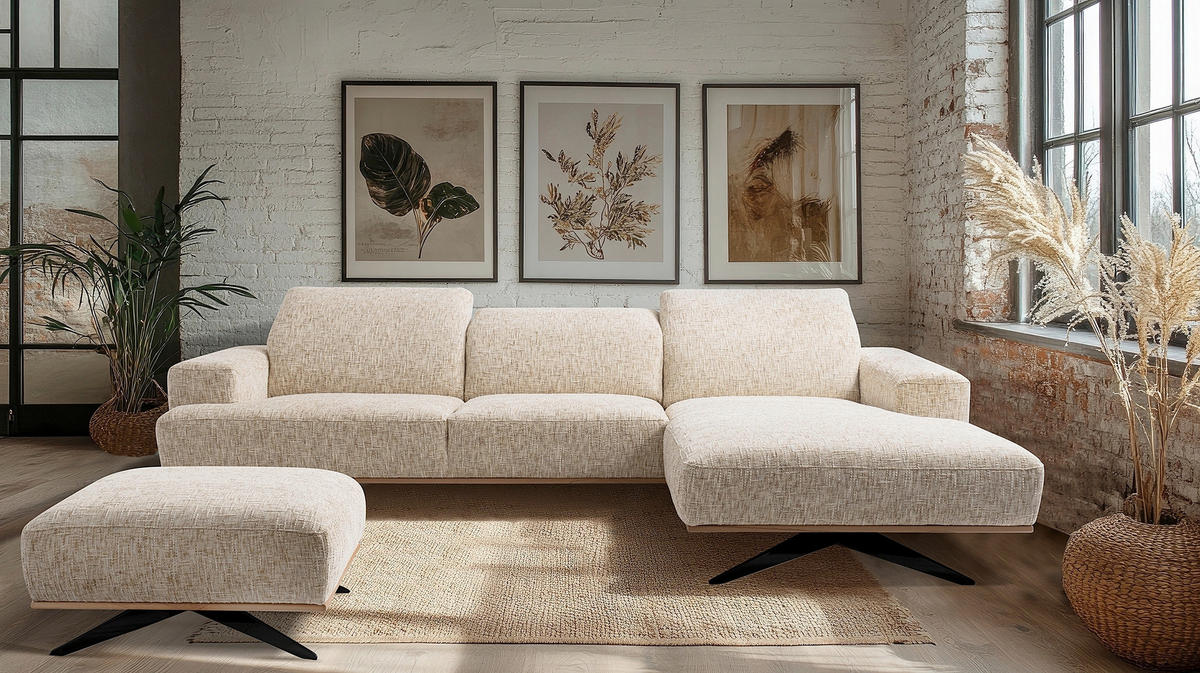 ECKSOFA PORTLAND in Struktur Beige Kopfteilverstellung  295/187 cm  - Beige/Schwarz, Design, Holz/Textil (295/187cm) - Livetastic