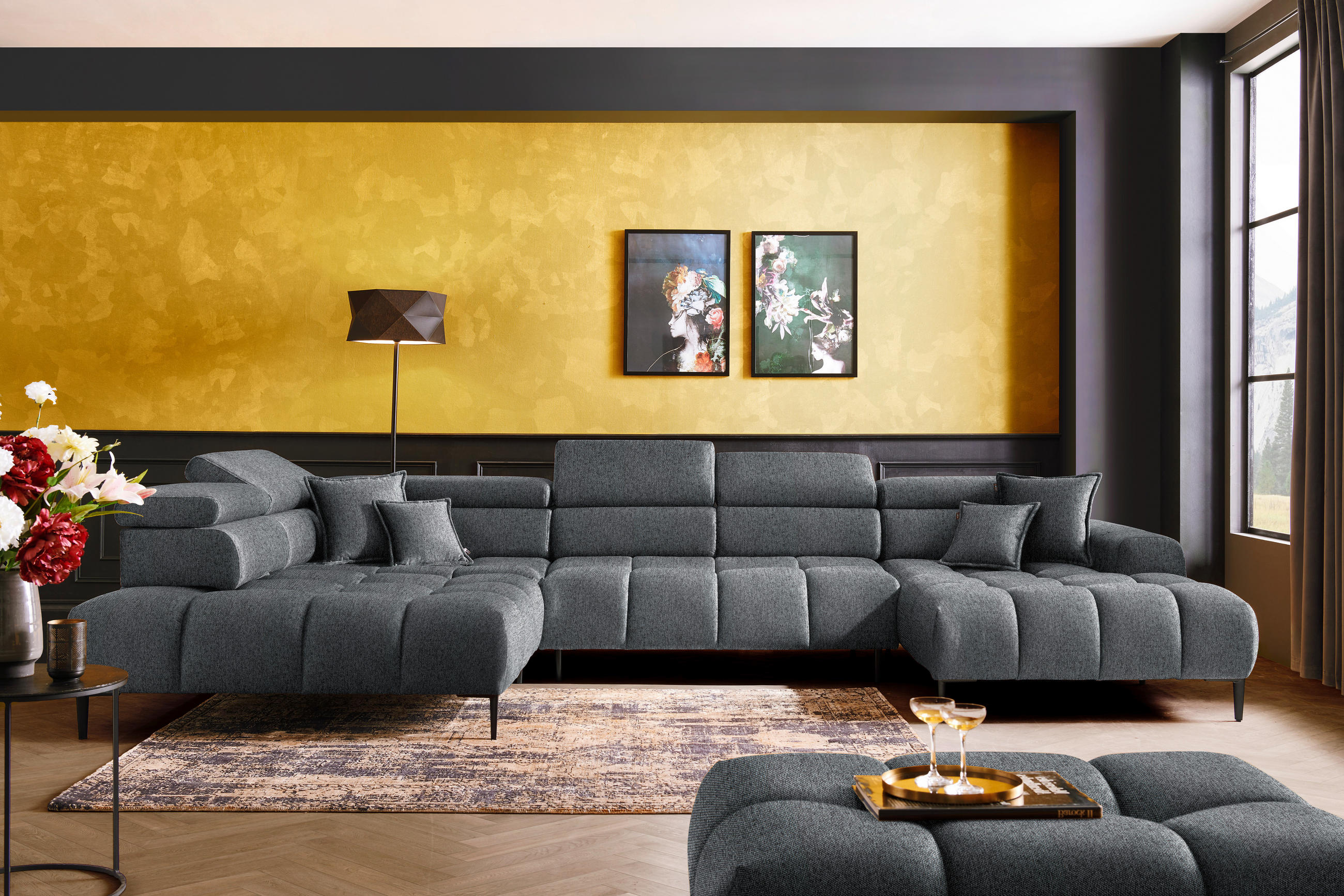 WOHNLANDSCHAFT in Webstoff Dunkelgrau  - Dunkelgrau/Schwarz, Design, Textil/Metall (216/385/177cm) - Welnova