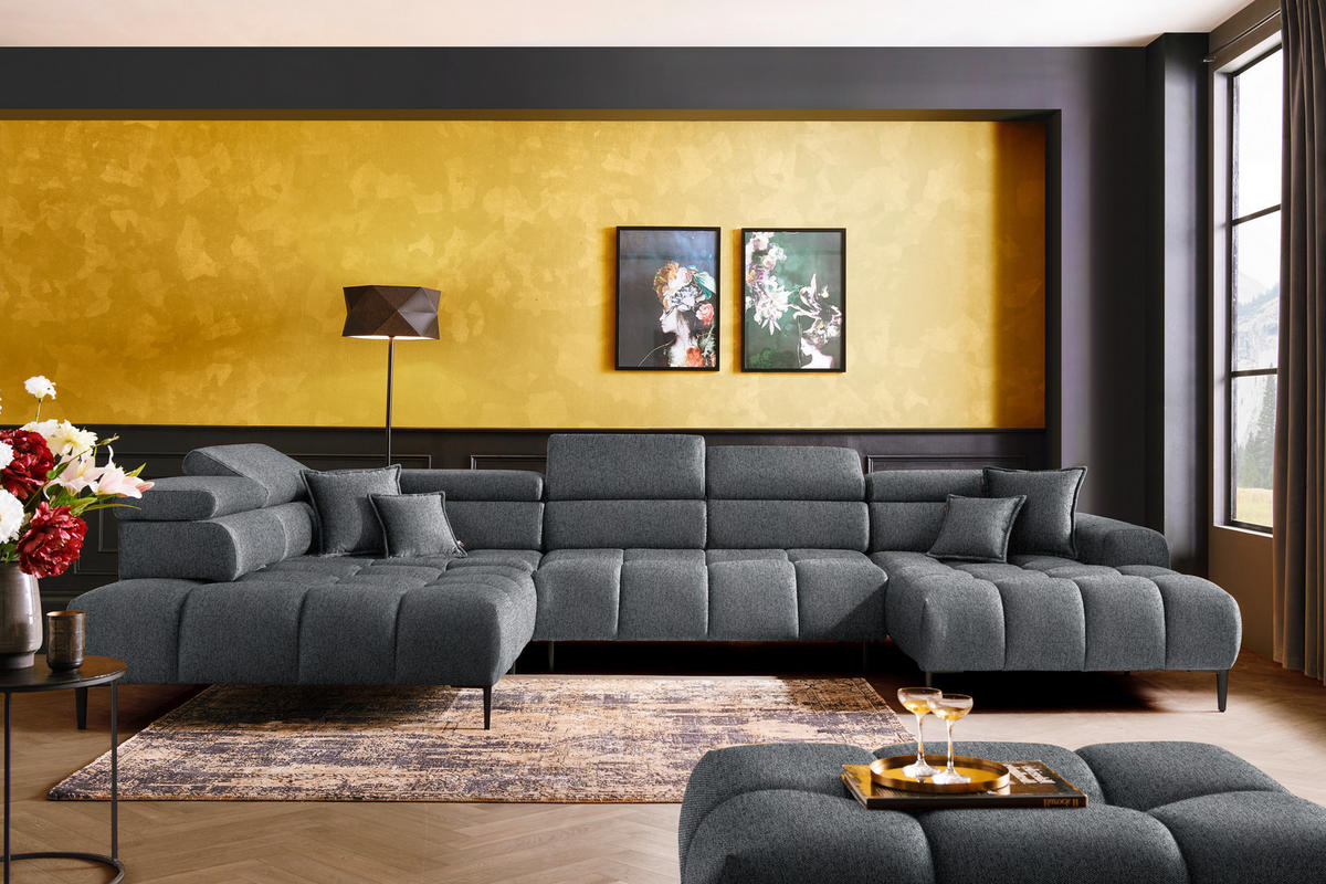 WOHNLANDSCHAFT in Webstoff Dunkelgrau  - Dunkelgrau/Schwarz, Design, Textil/Metall (216/385/177cm) - Welnova