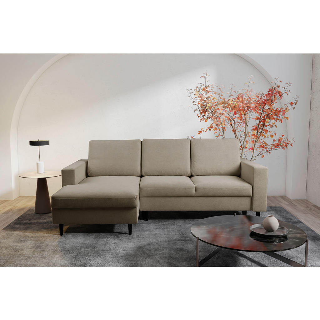 Thumbnail - Mid.you Ecksofa, Hellbraun, Textil, Buche, Hartholz, 3-Sitzer, Füllung: Polyurethan (Pur), Silikon, Ottomane links, L-Fo...