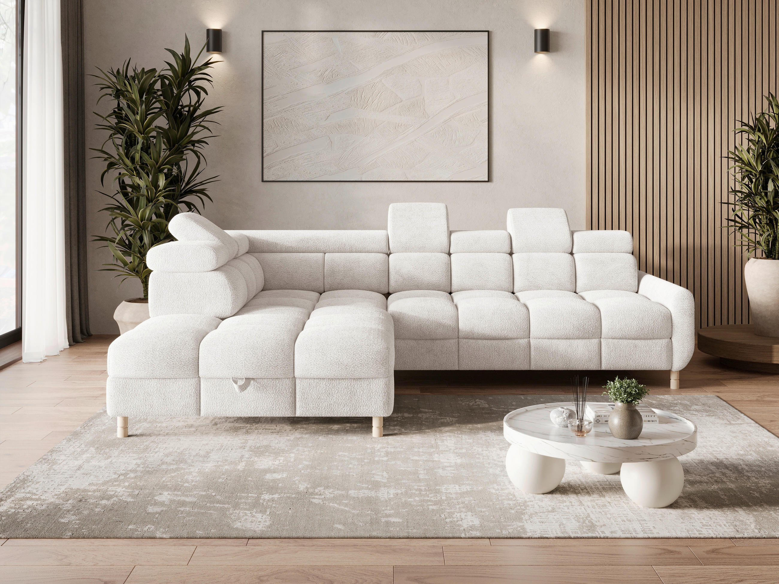 ECKSOFA BUN Weiß Bouclé Schlaffunktion, Rücken echt, Kopfteilverstellung, Stauraum, Kopfstütze  - Elfenbein/Weiß, Design, Holz/Textil (209/276cm) - MID.YOU