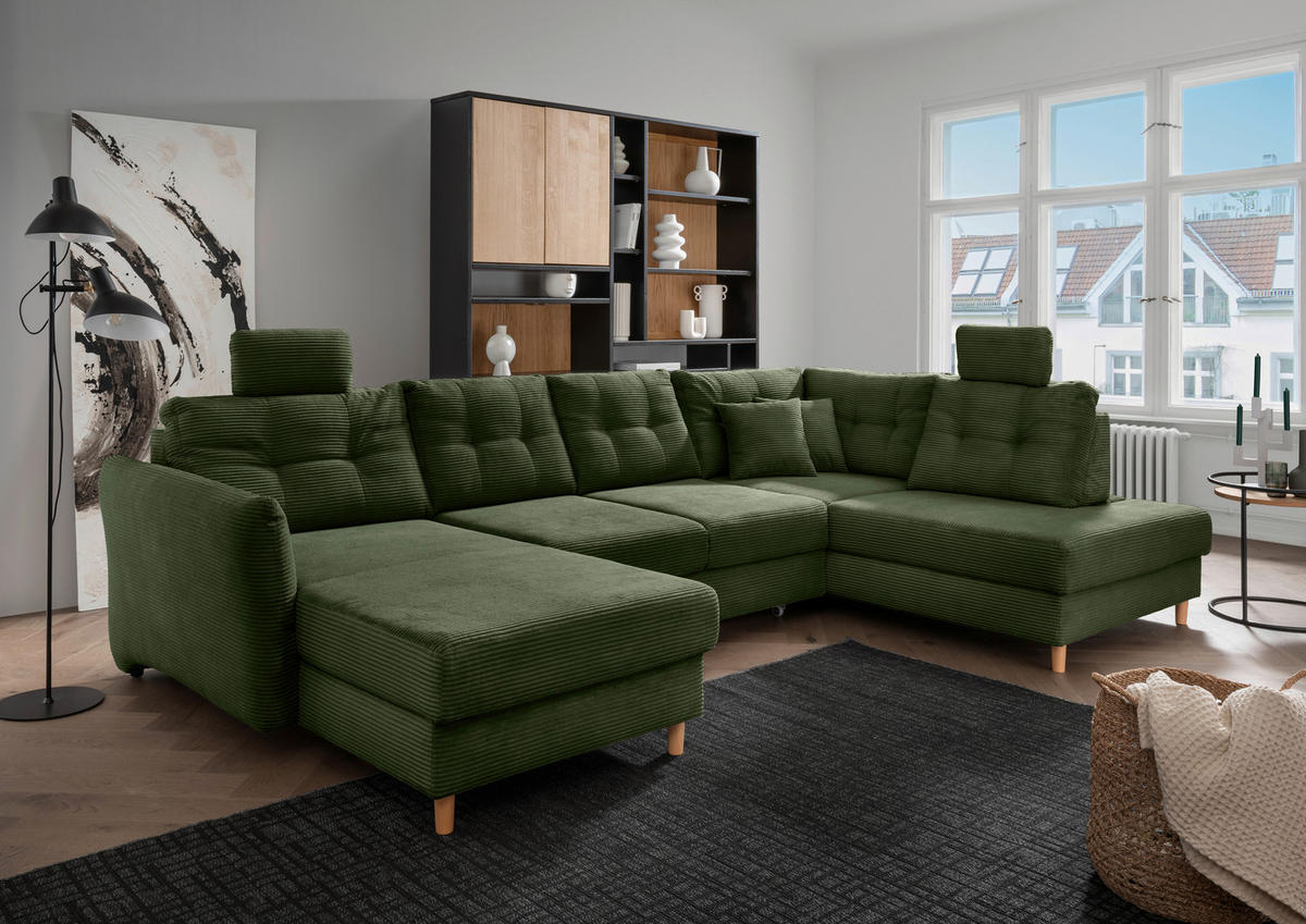 WOHNLANDSCHAFT in Cord Dunkelgrün  - Dunkelgrün/Naturfarben, Modern, Holz/Textil (176/338-352/206cm) - Livetastic