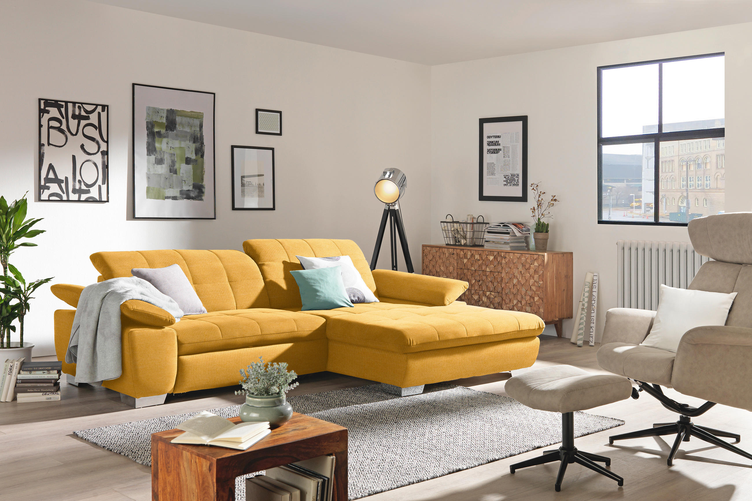 ECKSOFA in Mikrofaser Dunkelgelb  - Chromfarben/Dunkelgelb, Design, Textil/Metall (265/180cm) - Carryhome
