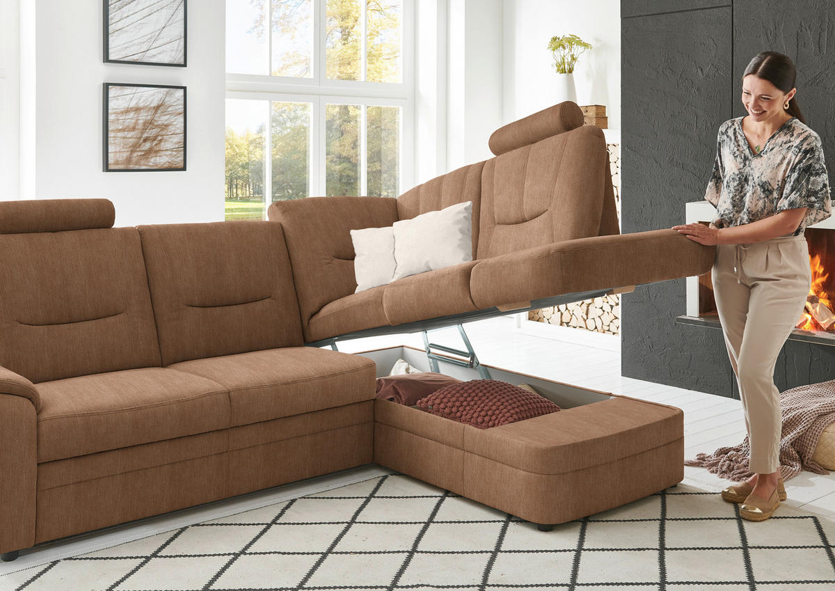 ECKSOFA Chenille Rostfarben  - Rostfarben/Schwarz, Konventionell, Kunststoff/Textil (235/185cm) - Beldomo Comfort