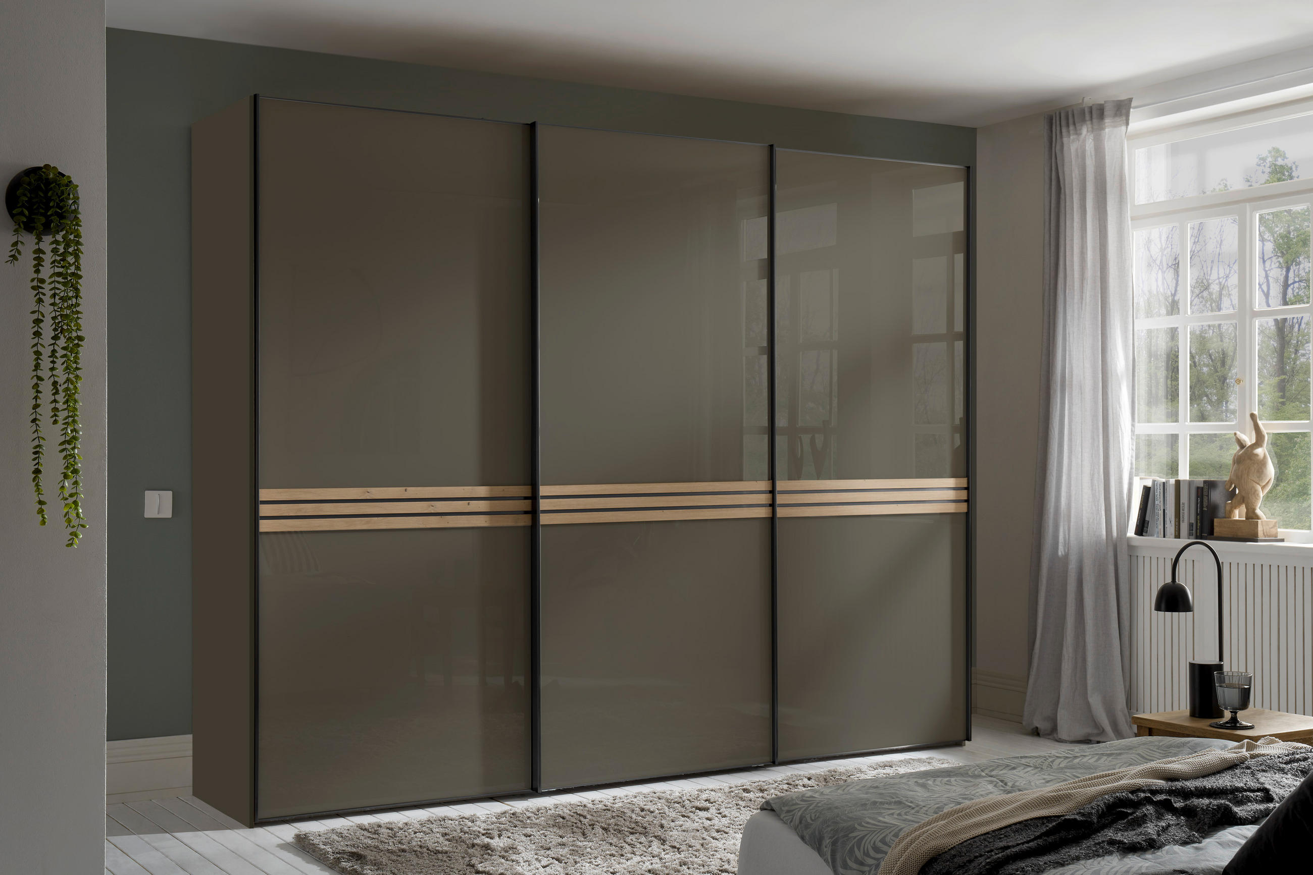 SCHWEBETÜRENSCHRANK in Eiche Artisan, Mokka  - Graphitfarben/Eiche Artisan, Design, Glas/Holzwerkstoff (280/222/68cm) - Moderano