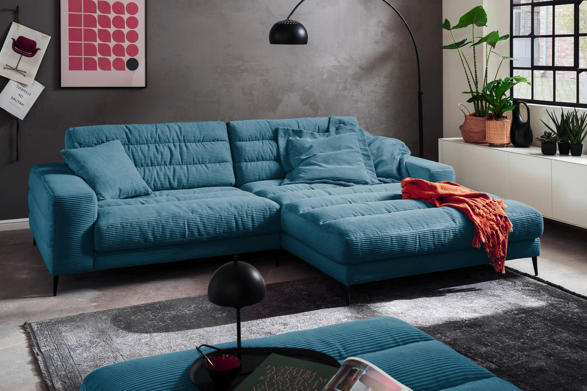 ECKSOFA in Cord Petrol  - Petrol/Schwarz, Design, Textil/Metall (296/207cm) - Dieter Knoll