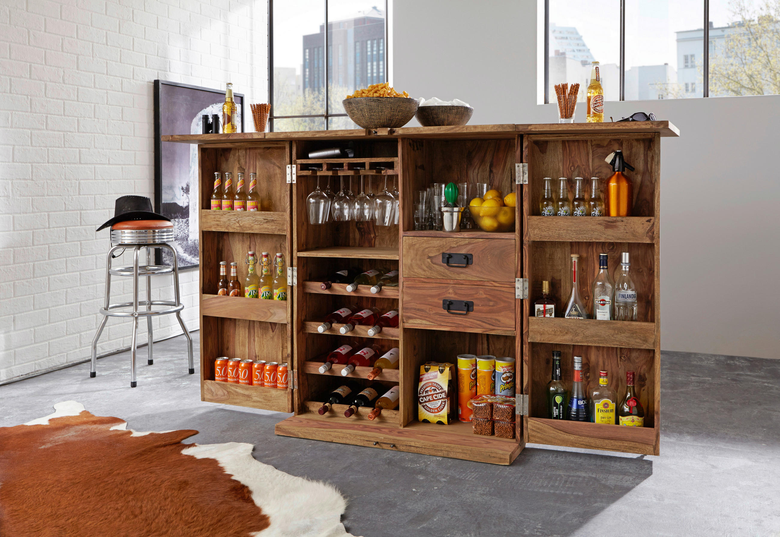 BARSCHRANK Sheesham massiv Sheeshamfarben - Sheeshamfarben/Schwarz, KONVENTIONELL, Holz/Metall (100/120/56cm) - Livetastic