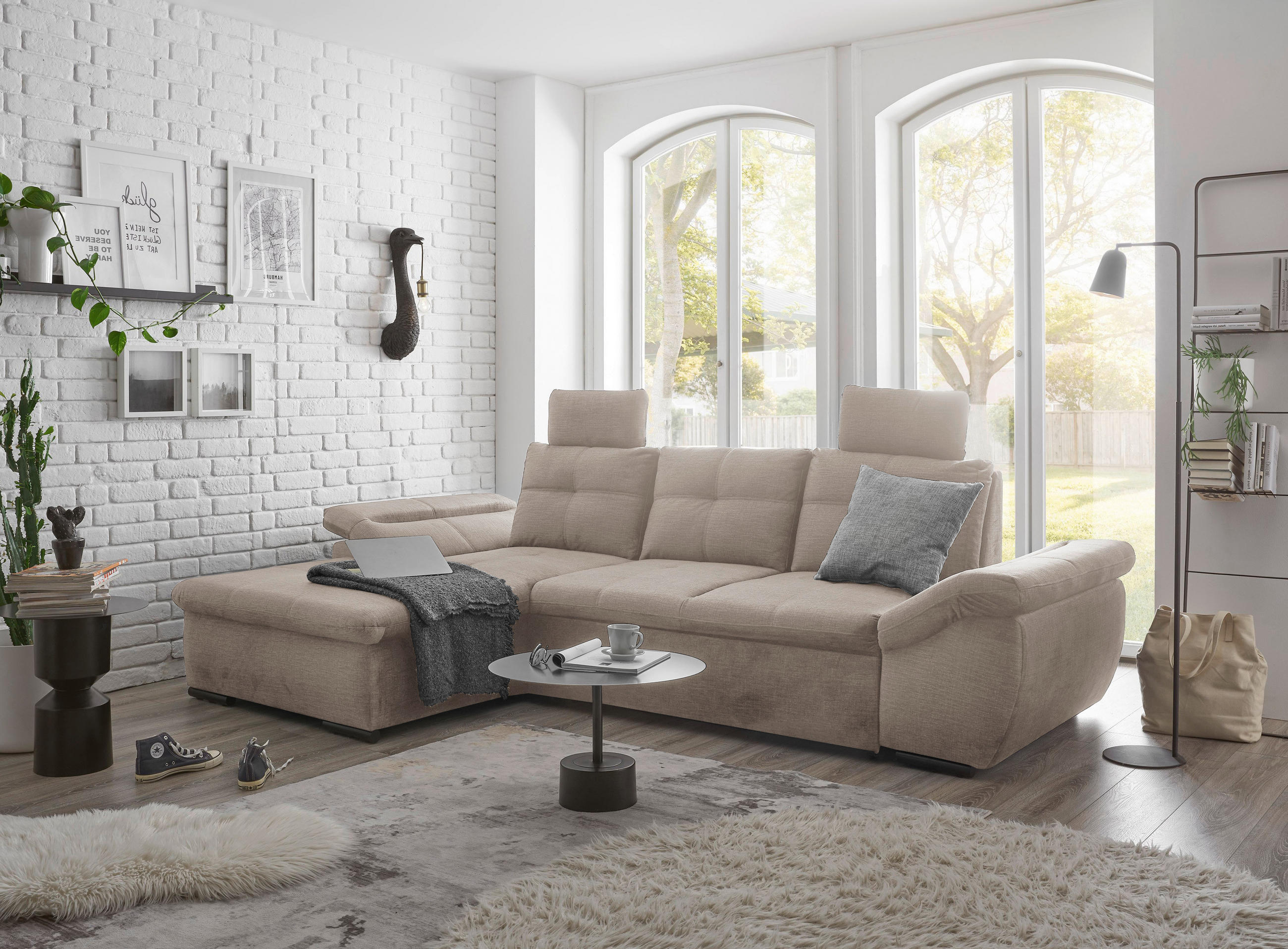 ECKSOFA in Mikrovelours Creme  - Creme/Schwarz, KONVENTIONELL, Kunststoff/Textil (170/275cm) - Carryhome