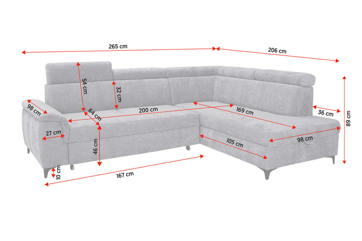 ECKSOFA Elfenbein Chenille Bettkasten, Schlaffunktion, Rücken echt, Kopfteilverstellung, Liegefläche im Originalstoff  - Elfenbein/Schwarz, KONVENTIONELL, Textil/Metall (265/206cm) - Carryhome