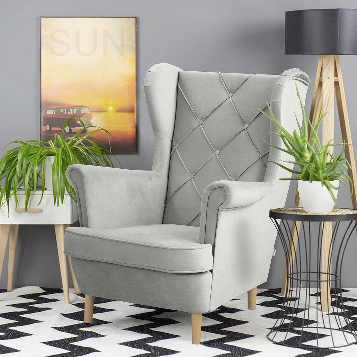 OHRENSESSEL in Samt Grau  - Naturfarben/Grau, Design, Holz/Textil (84/105/90cm) - P & B