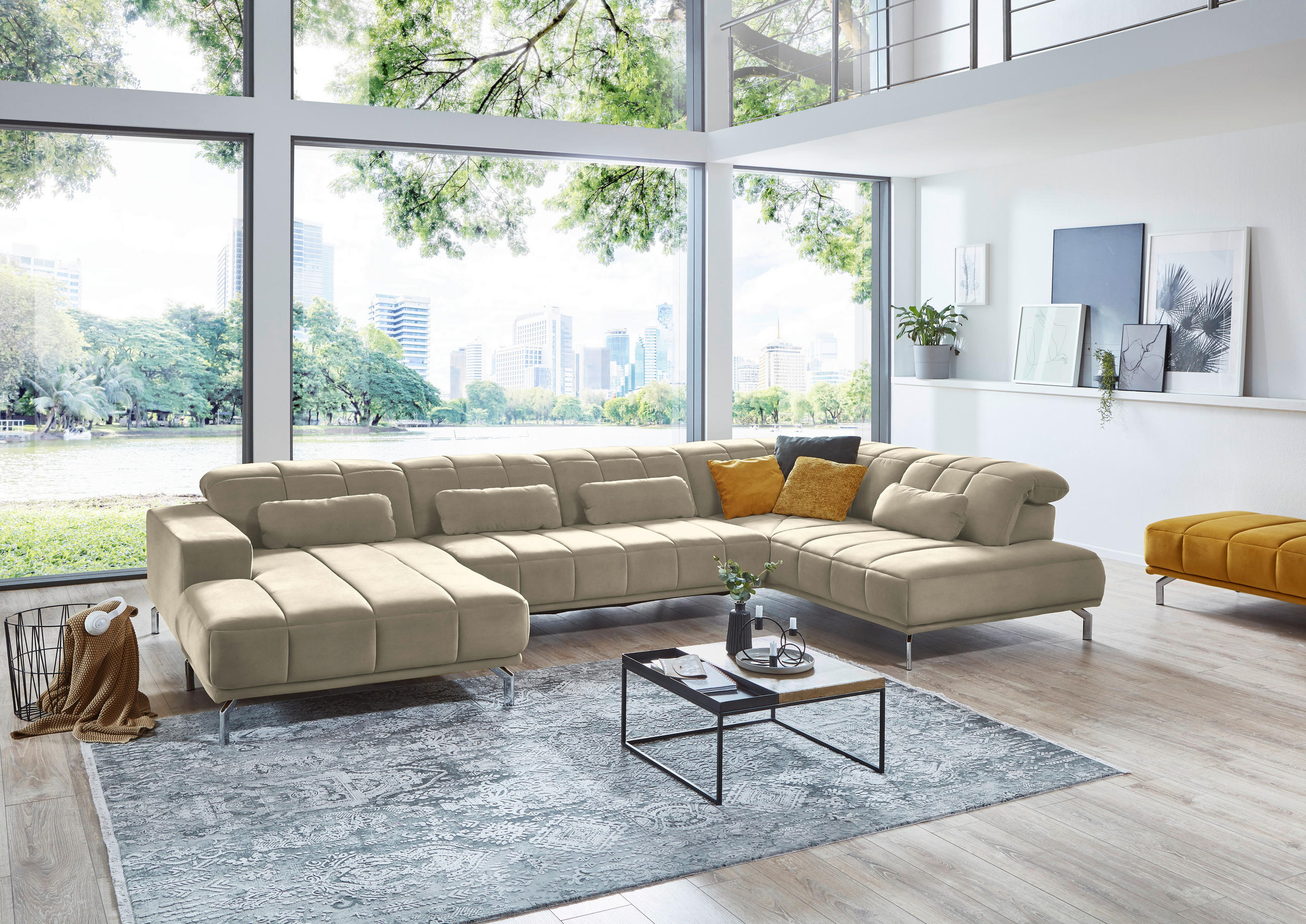 WOHNLANDSCHAFT in Velours Creme, Naturfarben  - Creme/Schwarz, Design, Textil/Metall (195/383/219cm) - Beldomo Style