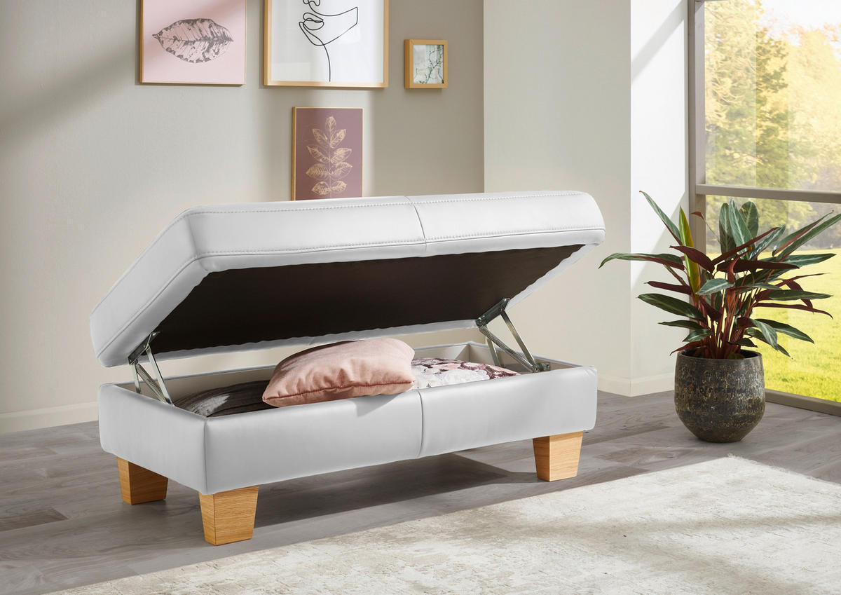 ECKSOFA in Echtleder Weiss  - Eiche Bianco/Weiss, Natur, Leder/Holz (257/235cm) - Valdera