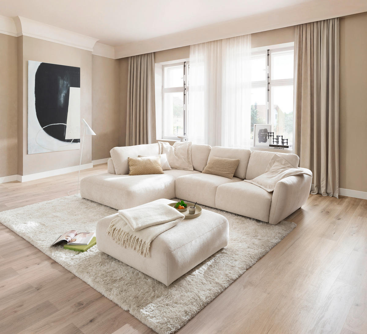 ECKSOFA  in Chenille Naturfarben  224/307 cm  - Schwarz/Naturfarben, KONVENTIONELL, Kunststoff/Textil (224/307cm) - Hom`in