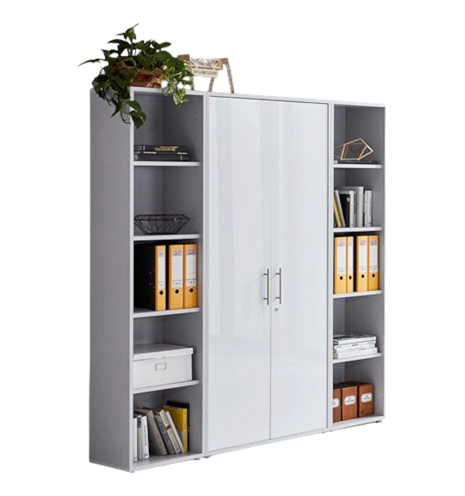 Mid.you Aktenschrank Office Edition - SW Set 3 hoch Grau, Weiß Hochglanz 173x186x33 cm