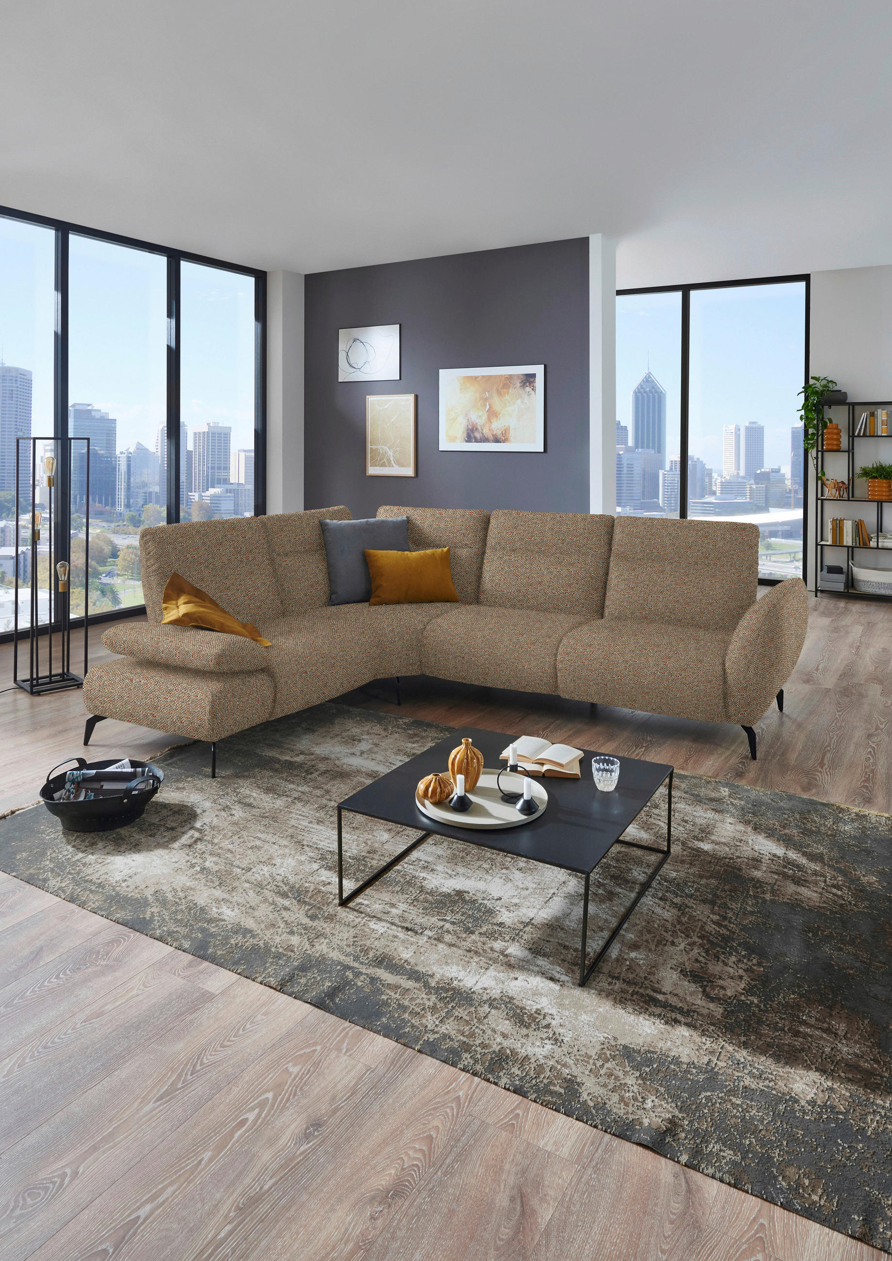 ECKSOFA in Webstoff Braun, Terracotta  - Terracotta/Schwarz, Design, Textil/Metall (223/290cm) - Moderano
