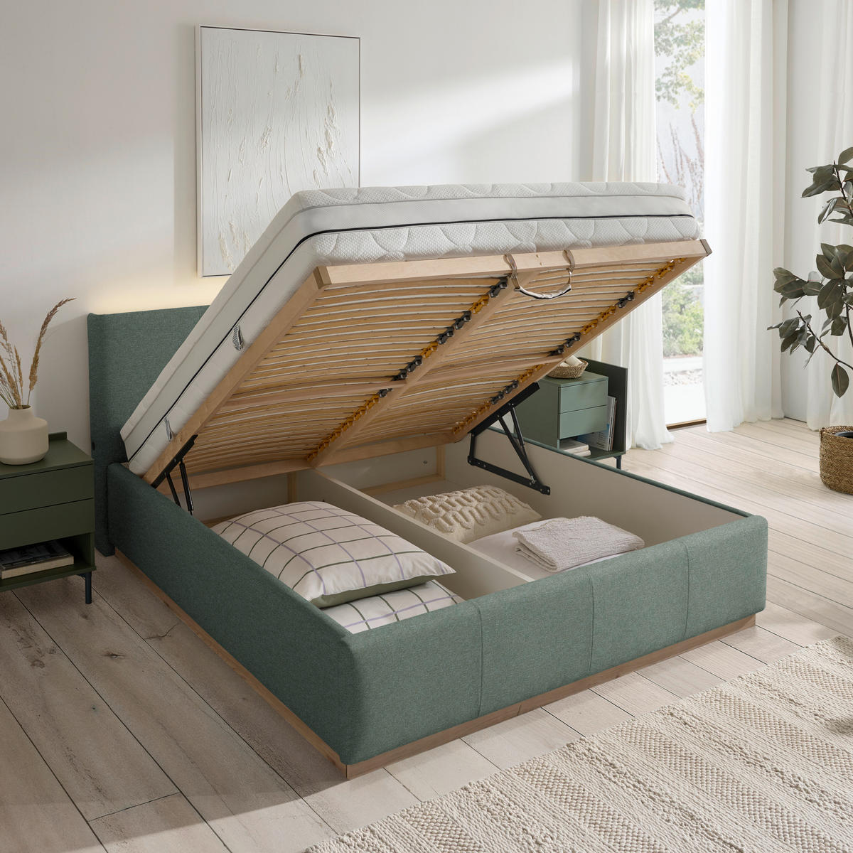 POLSTERBETT Beleuchtung, Lattenrost, Bettkasten Salbeigrün 200/200 cm  - Salbeigrün/Birkefarben, Design, Holz/Holzwerkstoff (200/200cm) - Lomoco