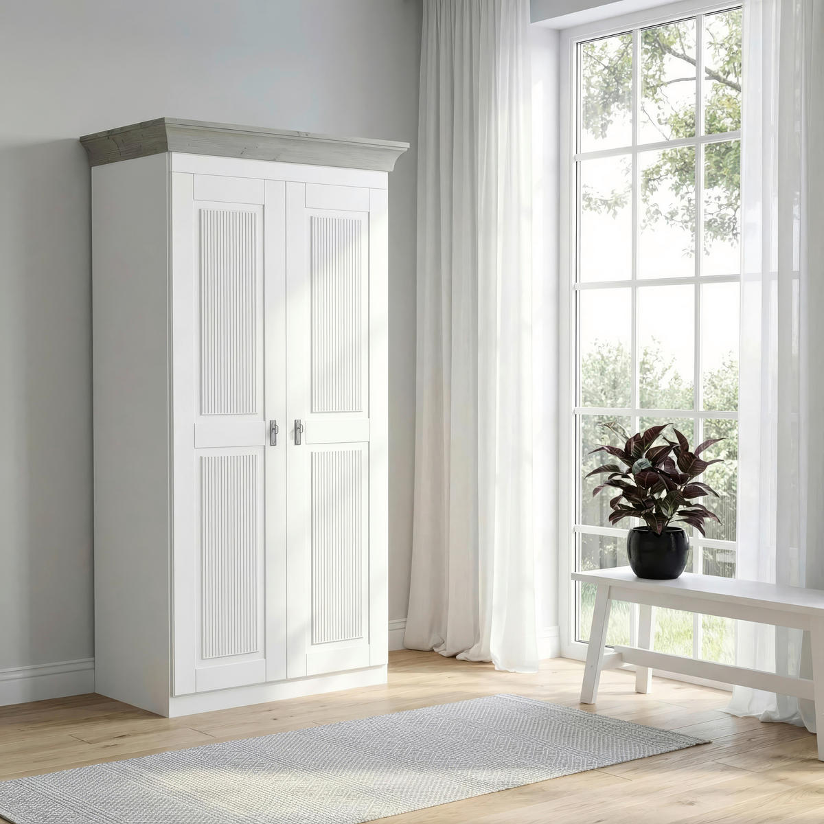 DREHTÜRENSCHRANK 108/210/64 cm,  in Grau, Weiß, 2-türig  - Weiß/Grau, ROMANTIK / LANDHAUS, Holz/Holzwerkstoff (108/210/64cm) - Boxxx