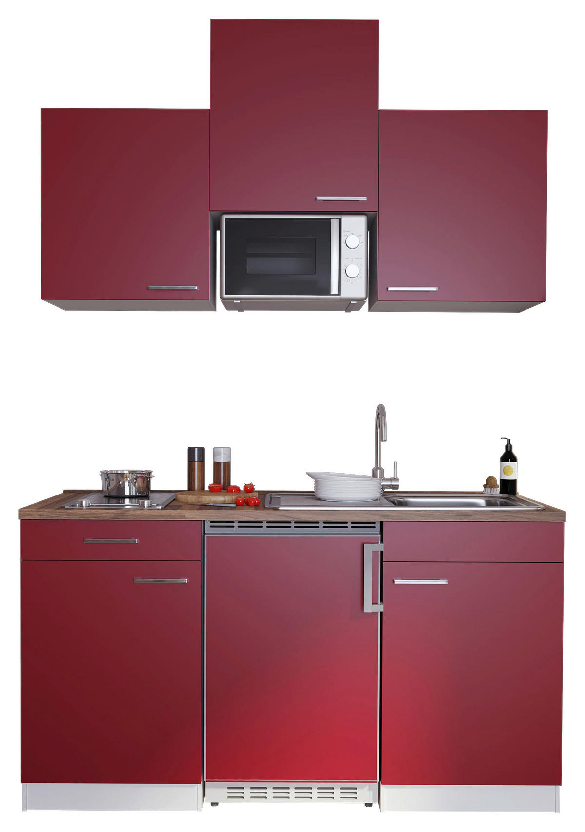 MINIKÜCHE 150 cm   in Rot  - Weiss/Edelstahlfarben, Basics, Holzwerkstoff/Kunststoff (150cm) - Respekta