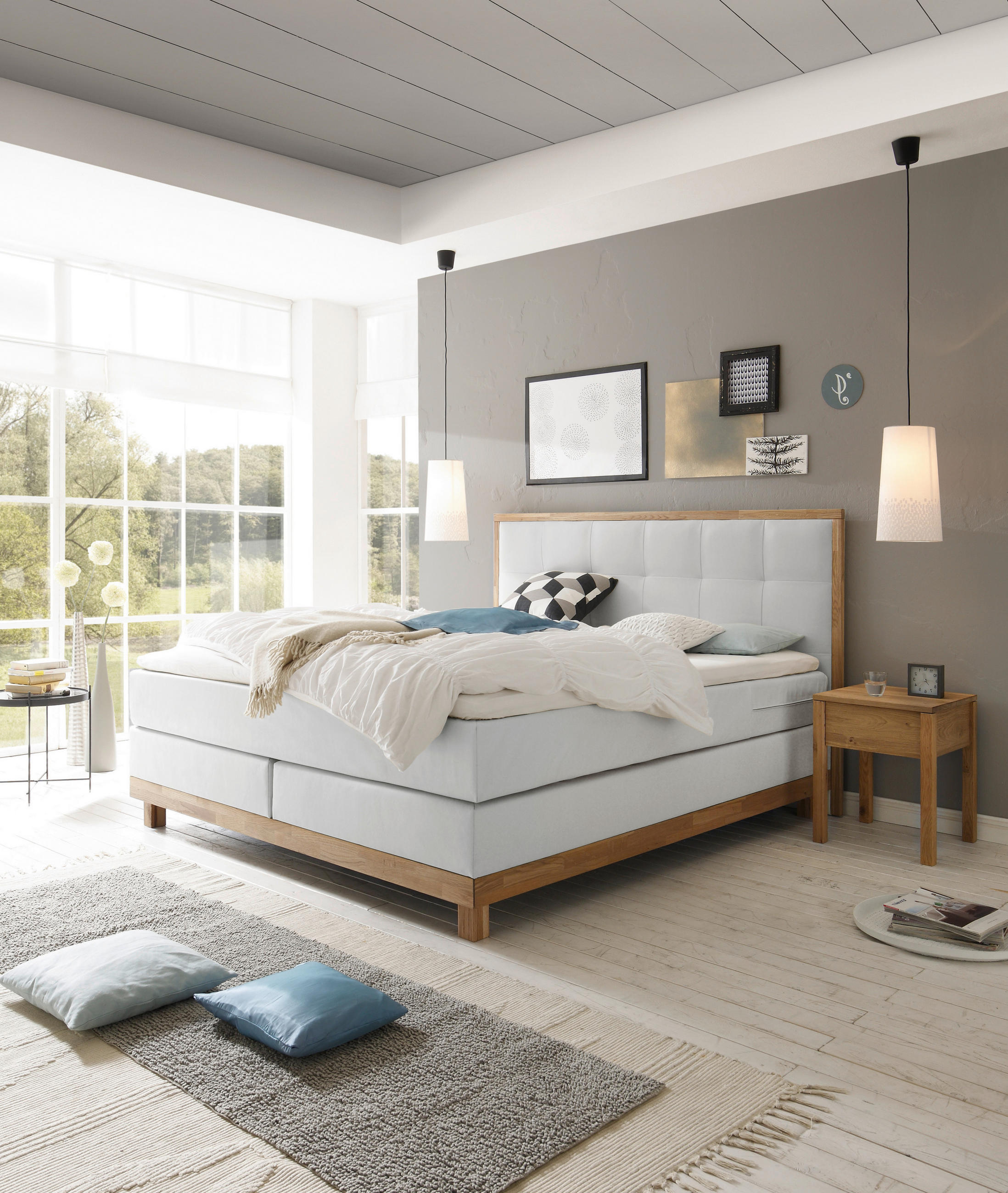 BOXSPRINGBETT 180/200 cm  in Weiß, Eichefarben  - Eichefarben/Weiß, KONVENTIONELL, Holz/Textil (180/200cm) - Hasena