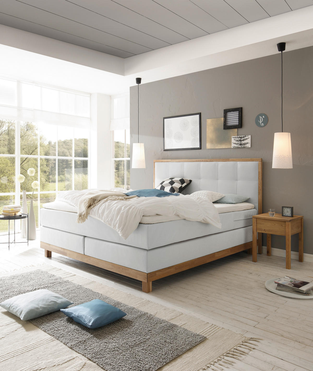 BOXSPRINGBETT 160/200 cm  in Weiß, Eichefarben  - Eichefarben/Weiß, KONVENTIONELL, Holz/Textil (160/200cm) - Hasena