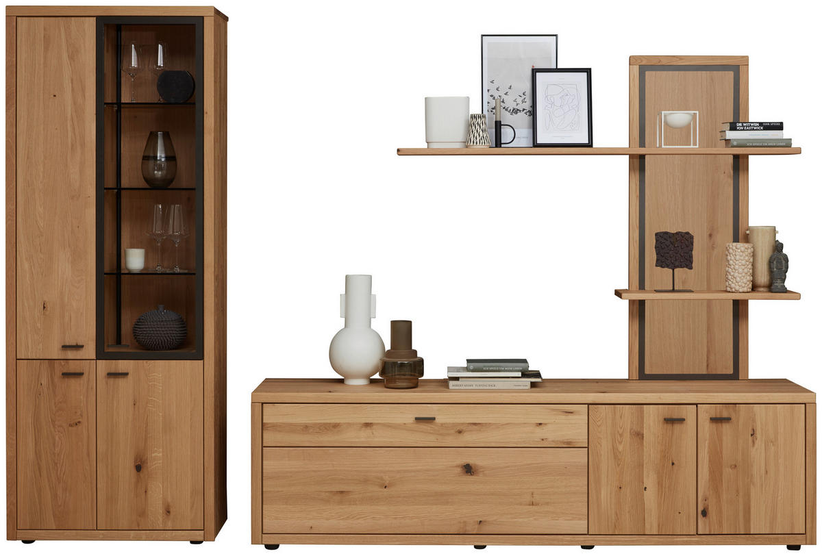 WOHNWAND  in Eichefarben  301/202/45 cm  - Dunkelgrau/Eichefarben, Design, Glas/Holz (301/202/45cm) - Valnatura