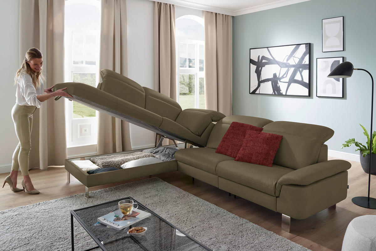 ECKSOFA in Echtleder Olivgrün  233/309 cm  - Edelstahlfarben/Olivgrün, Design, Leder/Metall (233/309cm) - Dieter Knoll