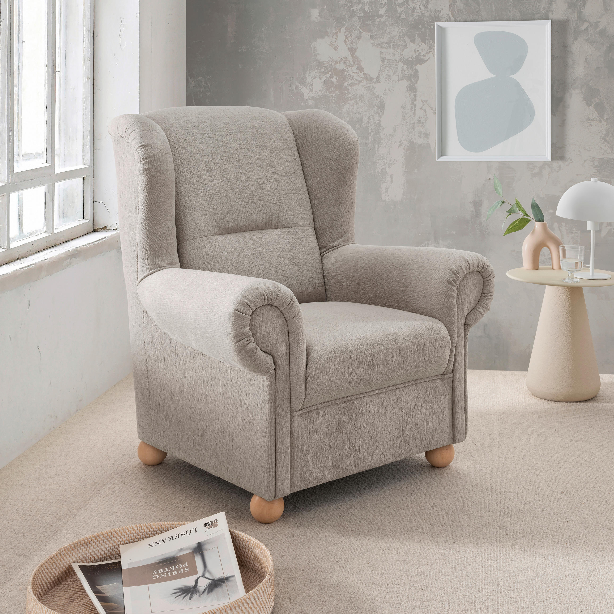 OHRENSESSEL Mikrofaser Taupe  - Taupe/Wildeiche, KONVENTIONELL, Holz/Textil (92/102/89cm) - Livetastic
