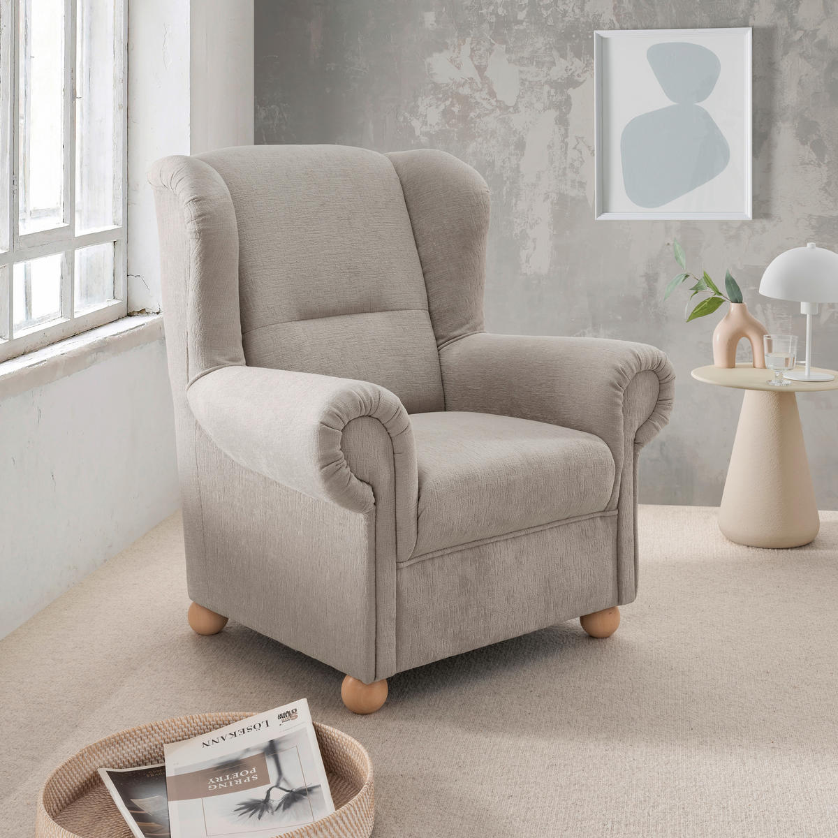 OHRENSESSEL in Mikrofaser Taupe  - Taupe/Wildeiche, KONVENTIONELL, Holz/Textil (92/102/89cm) - Livetastic