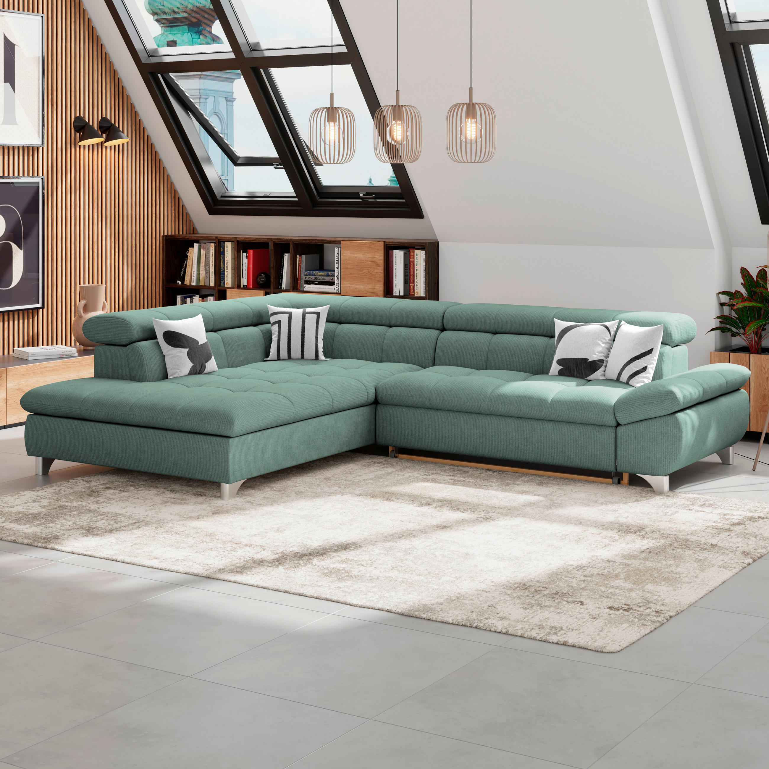 ECKSOFA Dunkelgrün Chenille  - Chromfarben/Dunkelgrün, KONVENTIONELL, Textil/Metall (234/312cm) - Livetastic