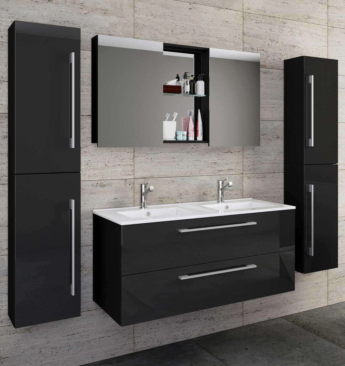 Badezimmer ''Budasi'', 5-teilig  in 178 cm  - Alufarben/Schwarz, MODERN, Keramik/Holzwerkstoff (178cm) - MID.YOU