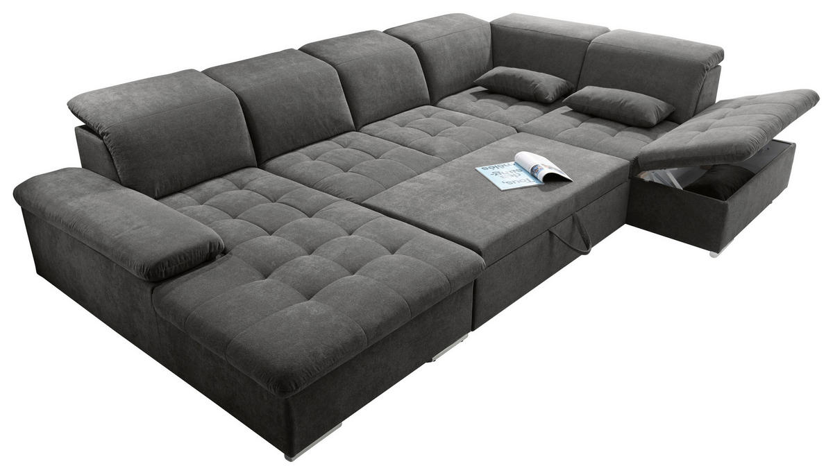 WOHNLANDSCHAFT Dunkelgrau Mikrovelours  - Dunkelgrau/Silberfarben, KONVENTIONELL, Kunststoff/Textil (188/340/240cm) - MID.YOU