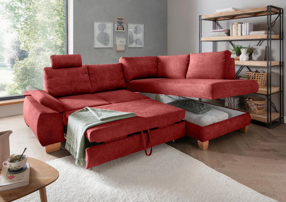 ECKSCHLAFSOFA in Chenille Rot  - Wildeiche/Rot, Modern, Holz/Textil (261/206cm) - Livetastic