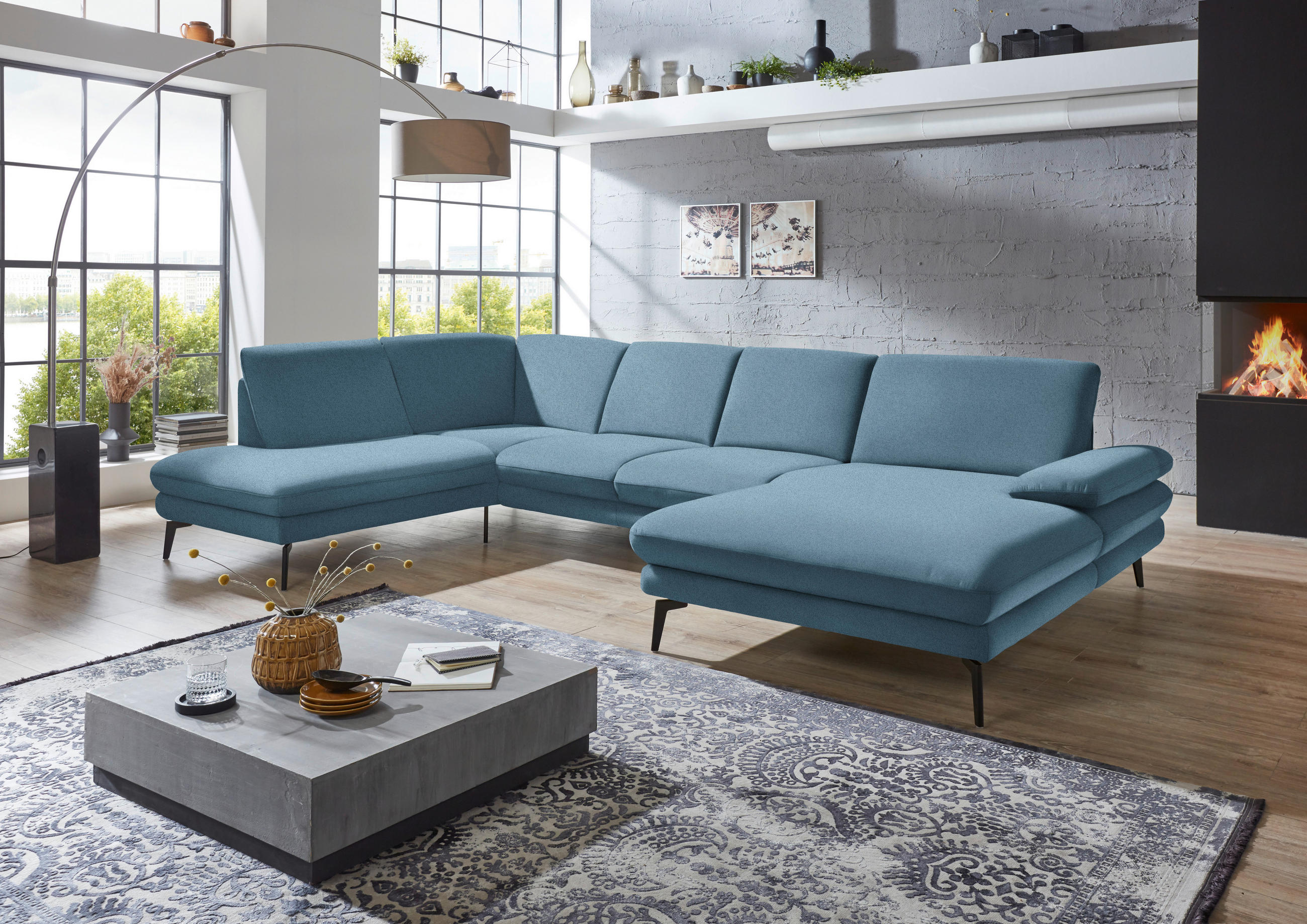 WOHNLANDSCHAFT Blau Webstoff  - Blau/Schwarz, Design, Textil/Metall (208/344/180cm) - Dieter Knoll