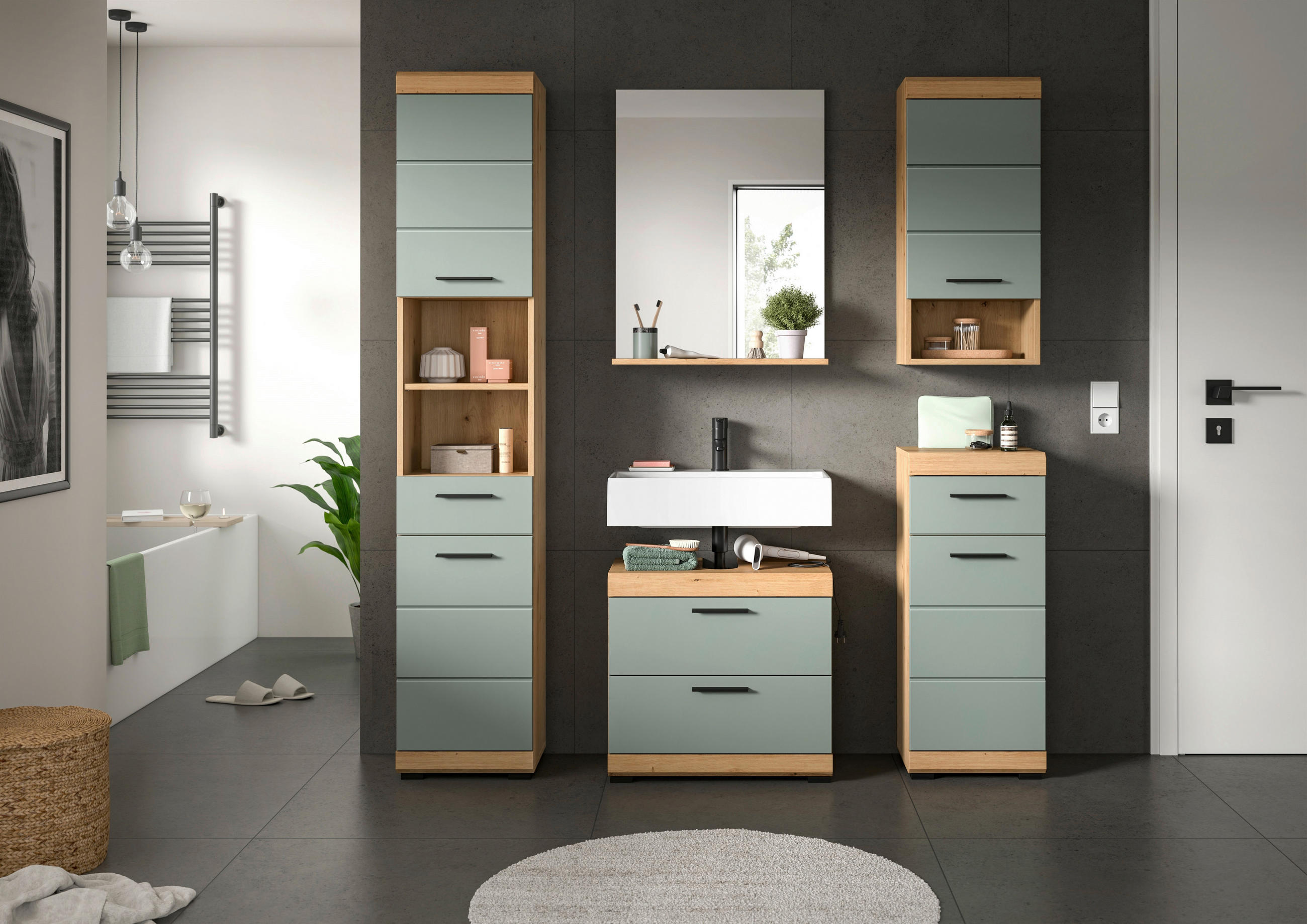 BADEZIMMER 5-teilig  in 154 cm  - Salbeigrün/Schwarz, MODERN, Glas/Holzwerkstoff (154cm) - MID.YOU