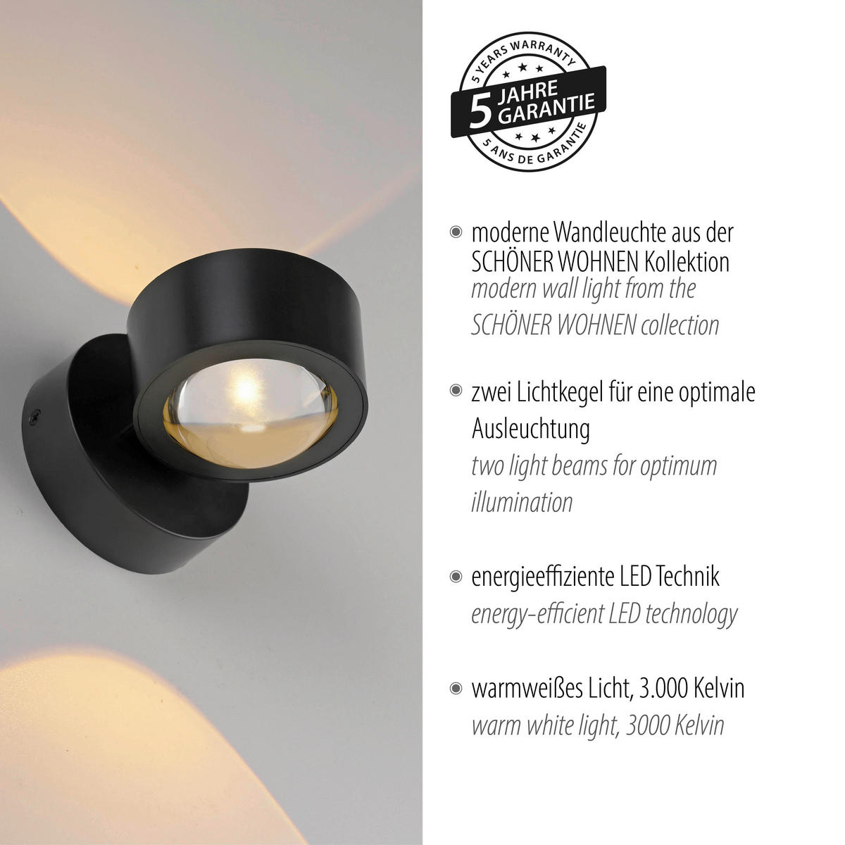 LED-WANDLEUCHTE SW CHIA 12,4/9/9 cm   - Schwarz, Design, Kunststoff/Metall (12,4/9/9cm) - Schöner Wohnen