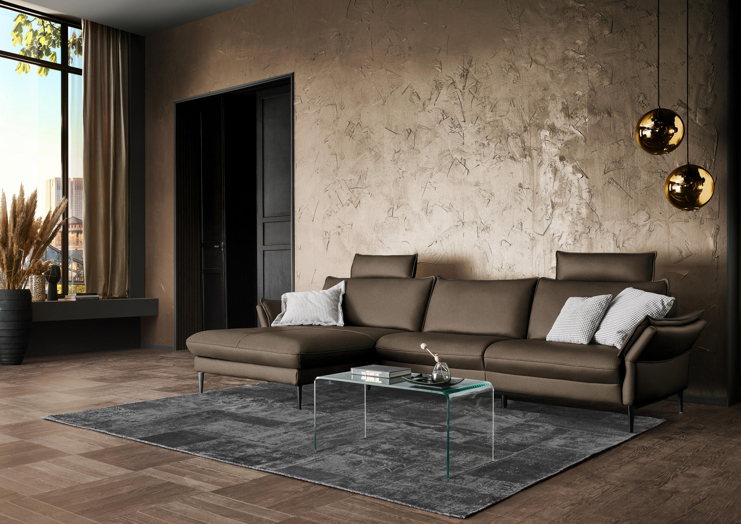ECKSOFA in Echtleder Dunkelbraun  - Dunkelbraun/Schwarz, Design, Leder/Metall (172/334cm) - Hukla