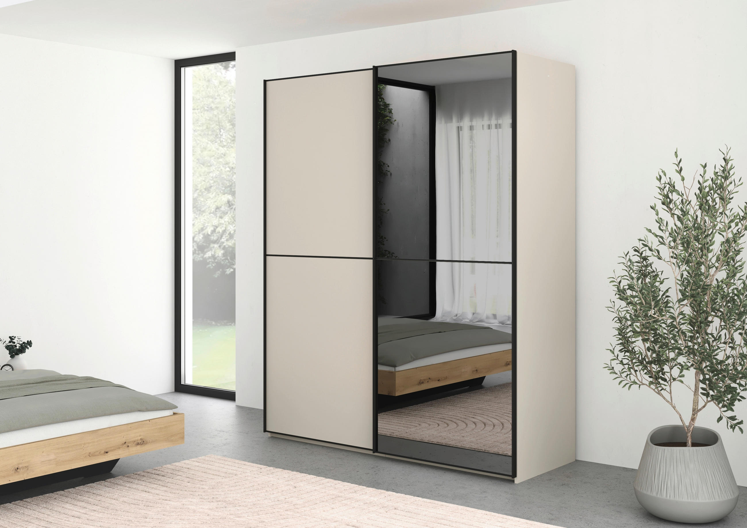 SCHWEBETÜRENSCHRANK 201/223/68 cm 2-türig Champagner, Schwarz  - Champagner/Schwarz, KONVENTIONELL, Glas/Holzwerkstoff (201/223/68cm) - Novel
