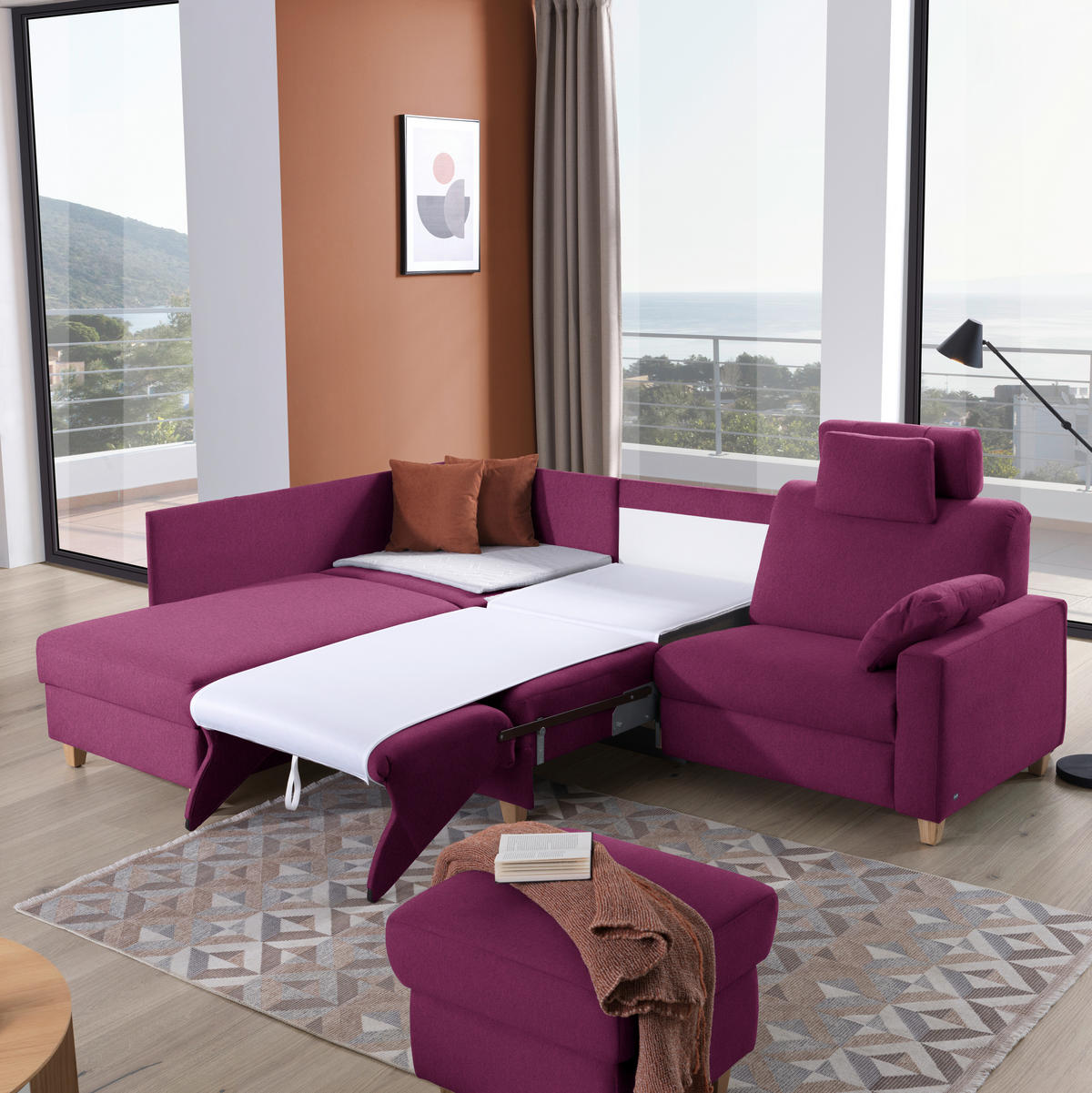 ECKSOFA in Flachgewebe Beere  203/261 cm  - Eichefarben/Beere, KONVENTIONELL, Holz/Textil (203/261cm) - Sedda