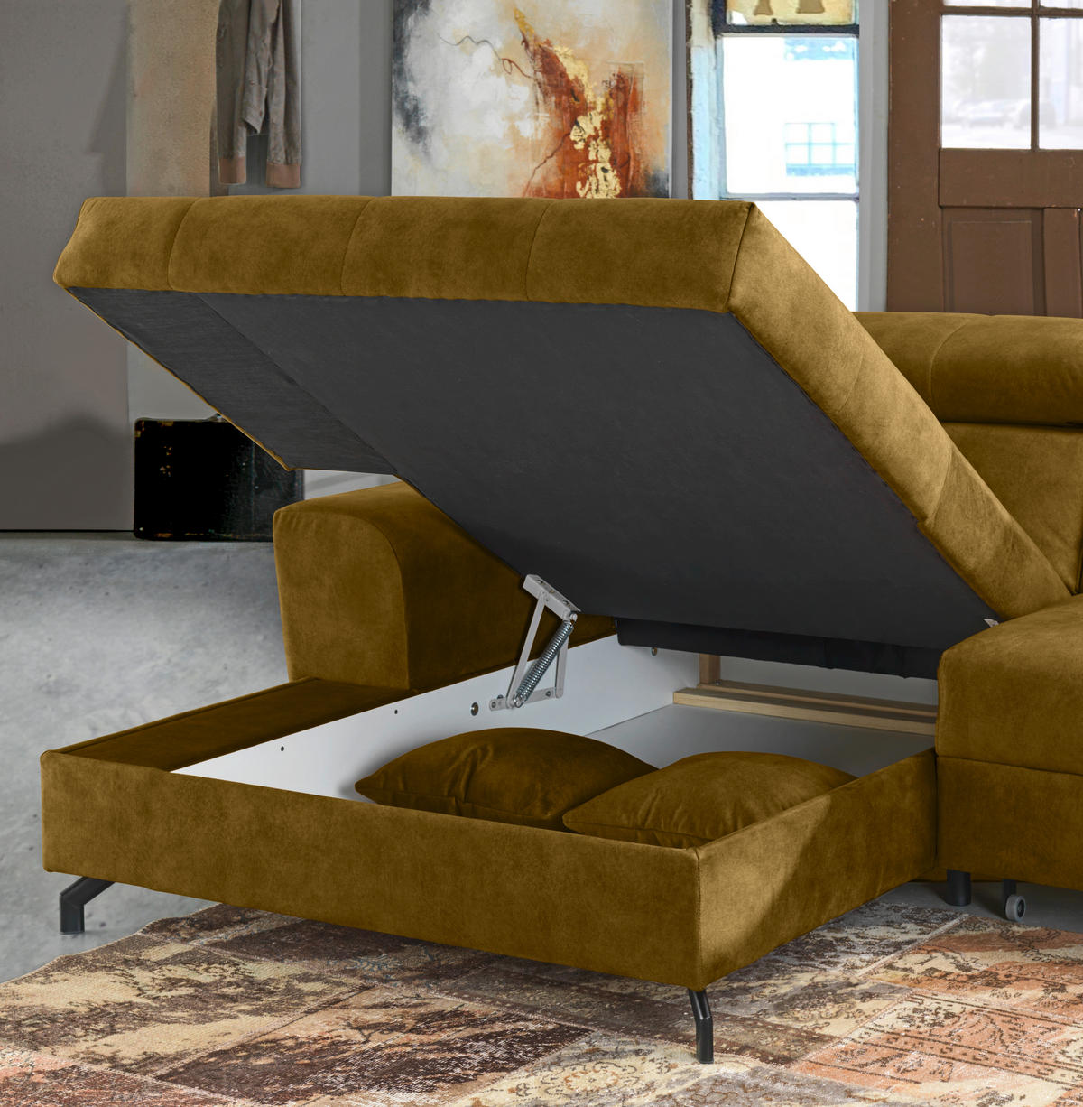 ECKSOFA in Velours Gelb, Grün  181/267 cm  - Gelb/Schwarz, Design, Textil/Metall (181/267cm) - Carryhome